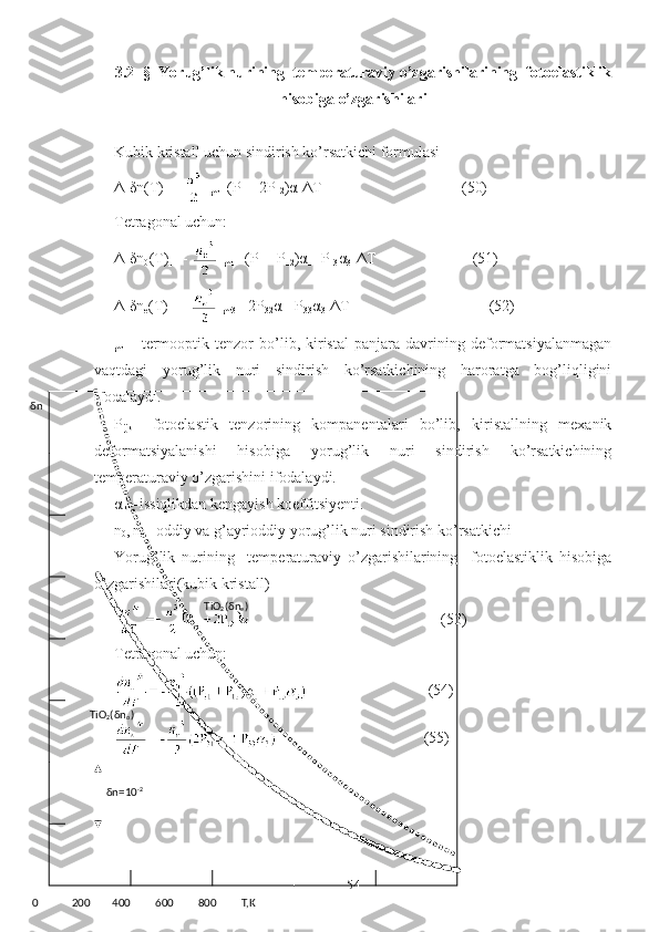 3.2- §    Yorug’lik nurining  temperaturaviy o’zgarishilarining  fotoelastiklik
hisobiga o’zgarishilari
Kubik kristall uchun sindirish ko’rsatkichi formulasi
Δ [ δ n(T)]=- [ μ +(P
11 +2P
12 ) α ] Δ T                                    (50)
Tetragonal uchun:
Δ[δn
0 (T)]=-  [μ
1 +(P
11 +P
12 )α
1 +P
13 α
3 ]ΔT                         (51)
Δ[δn
e (T)]=-  [μ
3  +2P
32 α
1 +P
33 α
3 ]ΔT                                    (52)
μ  –   termooptik   tenzor   bo’lib,  kiristal   panjara   davrining  deformatsiyalanmagan
vaqtdagi   yorug’lik   nuri   sindirish   ko’rsatkichining   haroratga   bog’liqligini
ifodalaydi.
P
ijkl   –fotoelastik   tenzorining   kompanentalari   bo’lib,   kiristallning   mexanik
deformatsiyalanishi   hisobiga   yorug’lik   nuri   sindirish   ko’rsatkichining
temperaturaviy o’zgarishini ifodalaydi.
α
kl  –issiqlikdan kengayish koeffitsiyenti.
n
0 ,
  n
e  –oddiy va g’ayrioddiy yorug’lik nuri sindirish ko’rsatkichi
Yorug’lik   nurining     temperaturaviy   o’zgarishilarining     fotoelastiklik   hisobiga
o’zgarishilari(kubik kristall)
                                                 (53)
Tetragonal uchun:
                               (54)
                                      (55)
54δ n=10 -2
    0            200        400         600         800         T,K         δ n
TiO
2 ( δ n
o ) TiO
2 ( δ n
e ) 