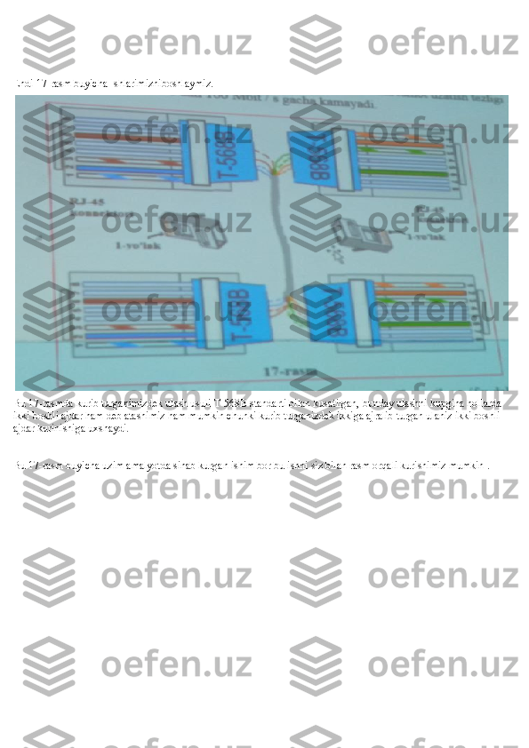 Endi 17-rasm buyicha Ishlarimizniboshlaymiz.
 
Bu 17-rasmda kurib turganimizdek ulash usuli T-568B standarti bilan kusatilgan, bunday ulashni kupgina hollarda 
ikki boshli ajdar ham deb atashimiz ham mumkin chunki kurib turganizdek ikkiga ajralib turgan ulaniz ikki boshli 
ajdar kurinishiga uxshaydi.
Bu 17-rasm buyicha uzim amalyotda sinab kurgan ishim bor bu ishni siz bilan rasm orqali kurishimiz mumkin . 