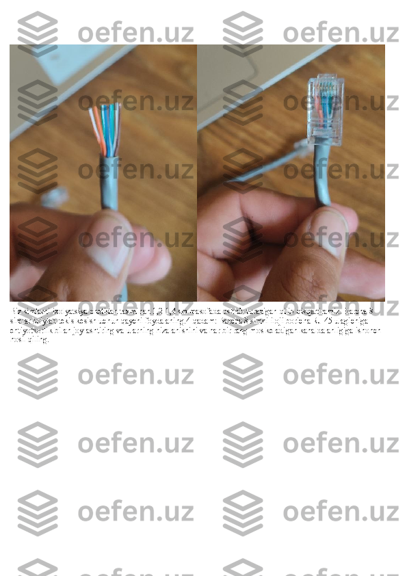 Biz simlarni izolyatsiya chetidan taxminan 1,2-1,4 sm masofada ushlab turadigan qilib qisqartiramiz. Barcha 8 
simlar bo'ylab tekis kesish uchun qaychi foydalaning.4-qadam: Barcha 8 simni iloji boricha RJ-45 ulagichiga 
ehtiyotkorlik bilan joylashtiring va ularning hizalanishini va har bir rang mos keladigan kanalda anligiga ishonch 
hosil qiling. 