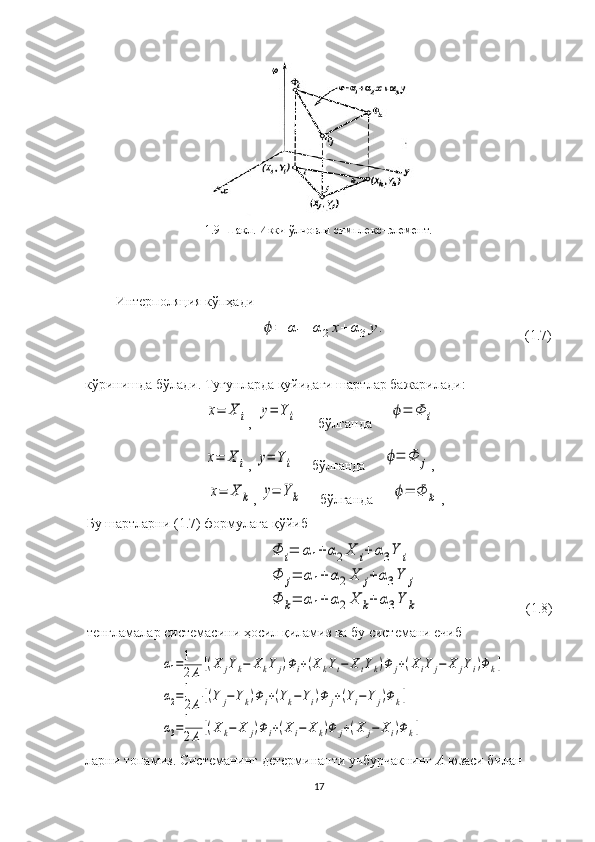 1.9-Шакл. Икки ўлчовли симплекс–элемент.
Интерполяция кўпҳади ϕ=	α1+	α2x+	α3y.
                                         (1.7)
кўринишда бўлади. Тугунларда қуйидаги шартлар бажарилади:	
x=	X	i
,   	y=	Y	i         бўлган да      	ϕ=	Φ	i	
x=	X	i
, 	y=	Y	i        бўлган да      	ϕ=	Φ	j ,
         	
x=	X	k , 	y=	Y	k       бўлган да      	ϕ=	Φ	k ,
Бу шартларни ( 1. 7)  формулага қўйиб 	
Φ	i=	α1+	α2X	i+	α3Y	i	
Φ	j=	α1+	α2X	j+	α3Y	j	
Φ	k=	α1+	α2X	k+	α3Y	k
 ( 1. 8)
тенгламалар  системасини ҳосил қиламиз ва бу системани ечиб 	
α1=1
2A	[(X	jYk−	XkYj)Φi+(XkYt−	XtYk)Φ	j+(XiYj−	X	jYi)Φk]	
α2=1
2A	[(Y	j−Yk)Φi+(Yk−Yi)Φ	j+(Yi−Y	j)Φk]	
α3=1
2A	[(Xk−	X	j)Φi+(Xi−	Xk)Φ	j+(X	j−	Xi)Φk]
ларни   топамиз. Системанинг детерминанти учбурчакнинг  А  юзаси билан 
17 