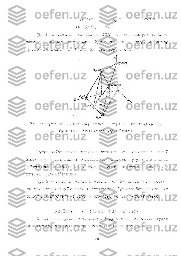            Ф
2 =160,           Ф
5 =0, (2.21)
                                                 Ф
4 =123,63,        Ф
6 =0.
(2.20)   тенгламалар   системас ини   ЭҲМ   да   ечиш   дастури   ва   блок -
схемалари   иловада   келтирилган.   Ҳосил   қилинган     тугун   қийматлар
тўпламига мос келадиган  ϕ    сирт  2.4-шаклда кўрсатилган. 
2 .4-Шакл. Тўрт элементли модель учун стерженнинг буралиши масаласида кучланиш
функциясининг  ҳисобланган тугун қийматлари.
Тугун   қийматларини   аниқлаш   масалани   ҳал   қилишнинг   асосий
босқичидир.   Бироқ,   аксарият   ҳолларда   ҳар   бир   элемент   учун   яна   бир   қатор
қийматларни   ҳисоблаш   керак   бўлади.   Бундай   қийматлар   элементнинг
результантлари деб аталади.
Кўриб   чиқилаётган   масалада   масалан,   ҳар   бир   элементдаги   силжиш
кучланишларининг   қийматлари   ва   стерженни  	
θ.   бурчакка   бурилишига   олиб
келадиган  Т   айлантирувчи моменти каби результантларни билиш қизиқ.
2.3. Элементнинг стандарт результантлари
Стерженнинг буралиши масаласида  	
ϕ   функциянинг ҳосилалари муҳим
аҳамиятга эга, чунки улар  силжиш кучланишига  бевосита боғлиқ:
68 