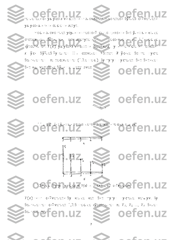 танланадики узлуксиз миқдорнинг элементнинг чегараси бўйлаб қийматлари
узлуксизлигини сақлаши зарур. 
Чекли элементлар усулининг асосий концепциясини бир ўлчовли ҳолда
стерженда   берилган   температуранинг     тақсимланиши   1.1-шаклда
кўрсатилган.   Т ( х )   узлуксиз   миқдорни   қараймиз   ,   унинг   аниқланиш   соҳаси-
х   ўқи   бўйлаб   йуналган   ОL   кесмадан   иборат .   Х   ўқида   бешта   нуқта
белгиланган     ва   рақамланган   (1.2.а-шакл).   Бу   тугун   нуқталар   бир-биридан
бир хил масофада бўлиши  шарт    эмас   .  
 
1.1-Шакл. Бир ўлчовли  стерженда  температурани тақсимла ни ш и
1.2-Шакл.  Тугун нуқталар  ва  Т(х) нинг тахминий қийматлари
 
Т ( х ) нинг   қийматлари   б у   ҳолда   ҳар   бир   тугун   нуқтада   маълум.   Бу
белгиланган   қийматлар   1,2 . б -шаклда   кўрсатилган   ва     Т
1 ,   Т
2 ,   ...,   Т
5 .   билан
белгиланган .
7 