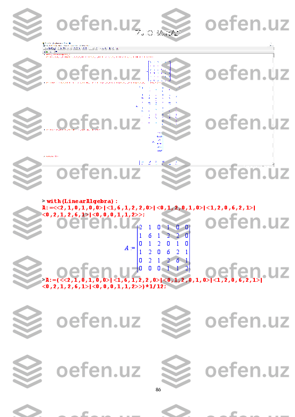 ИЛОВАЛАР
>  with(LinearAlgebra):
A:=<<2,1,0,1,0,0>|<1,6,1,2,2,0>|<0,1,2,0,1,0>|<1,2,0,6,2,1>|
<0,2,1,2,6,1>|<0,0,0,1,1,2>>; 
 := A 












 












2 1 0 1 0 0
1 6 1 2 2 0
0 1 2 0 1 0
1 2 0 6 2 1
0 2 1 2 6 1
0 0 0 1 1 2
> A:=(<<2,1,0,1,0,0>|<1,6,1,2,2,0>|<0,1,2,0,1,0>|<1,2,0,6,2,1>|
<0,2,1,2,6,1>|<0,0,0,1,1,2>>)*1/12; 
86 