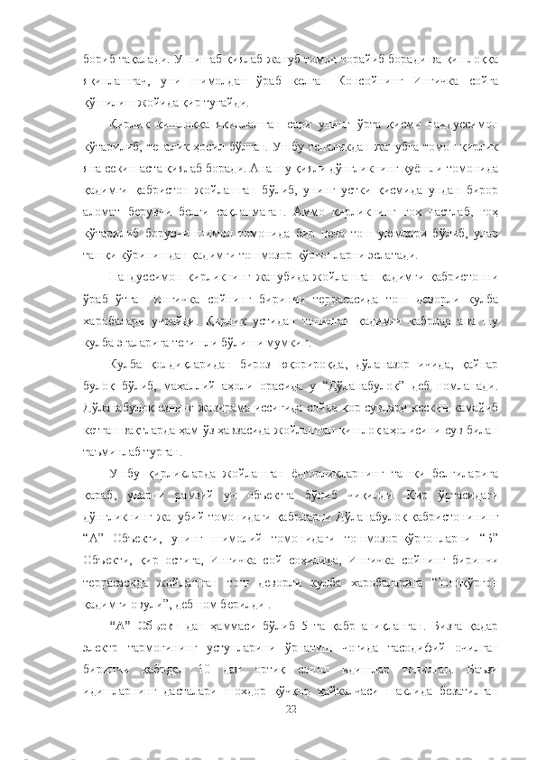 бориб тақалади. У нишаб қиялаб жануб томон торайиб боради ва қишлоққа
яқинлашгач,   уни   шимолдан   ўраб   келган   Кoнсойнинг   Ингичка   сойга
қўшилиш жойида қир тугайди. 
Қирлик   қишлоққа   яқинлашган   сари   унинг   ўрта   қисми   пандуссимон
кўтарилиб, тепалик ҳосил бўлган. Ушбу тепаликдан жанубга томон қирлик
яна секин-аста қиялаб боради. Ана шу қияли дўнгликнинг қуёшли томонида
қадимги   қабристон   жойлашган   бўлиб,   унинг   устки   қисмида   ундан   бирор
аломат   берувчи   белги   сақланмаган.   Аммо   қирликнинг   гоҳ   пастлаб,   гоҳ
кўтарилиб   борувчи   шимол   томонида   бир   неча   тош   уюмлари   бўлиб,   улар
ташқи кўринишдан қадимги тошмозор-қўрғонларни эслатади.
Пандуссимон   қирликнинг   жанубида   жойлашган   қадимги   қабристонни
ўраб   ўтган   Ингичка   сойнинг   биринчи   террасасида   тош   деворли   кулба
харобалари   учрайди.   Қирлик   устидан   топилган   қадимги   қабрлар   ана   шу
кулба эгаларига тегишли бўлиши мумкин.
Кулба   қолдиқларидан   бироз   юқорироқда,   дўланазор   ичида,   қайнар
булоқ   бўлиб,   маҳаллий   аҳоли   орасида   у   “Дўланабулоқ”   деб   номланади.
Дўланабулоқ ёзнинг жазирама иссиғида сойда қор сувлари кескин камайиб
кетган вақтларда ҳам ўз ҳавзасида жойлашган қишлоқ аҳолисини сув билан
таъминлаб турган.
Ушбу   қирликларда   жойлашган   ёдгорликларнинг   ташқи   белгиларига
қараб,   уларни   рамзий   уч   объектга   бўлиб   чиқилди.   Қир   ўртасидаги
дўнгликнинг жанубий томонидаги қабрларни Дўланабулоқ қабристонининг
“А”   Объекти,   унинг   шимолий   томонидаги   тошмозор-қўрғонларни   “Б”
Объекти,   қир   остига,   Ингичка   сой   соҳилида,   Ингичка   сойнинг   биринчи
террасасида   жойлашган   тош   деворли   кулба   харобаларига   “Тошқўрғон
қадимги овули”, деб ном берилди .
“А”   Объект   дан   ҳаммаси   бўлиб   5   та   қабр   аниқланган.   Бизга   қадар
электр   тармоғининг   устунларини   ўрнатиш   чоғида   тасодифий   очилган
биринчи   қабрдан   10   дан   ортиқ   сопол   идишлар   топилган.   Баъзи
идишларнинг   дасталари   шохдор   қўчқор   ҳайкалчаси   шаклида   безатилган
22 