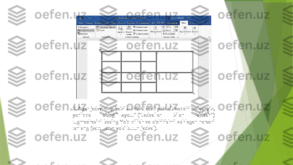 3. Agar jadvalning ba'zi elementlarini yo'q qilmoqchi bo'lsangiz, 
yorliqqa  o'ting "Layout"	 ("Jadvallar  bilan  ishlash") 
tugmachasini  bosing	
 Yo'q  qilish	 va  o'chirishni  xohlagan  narsani 
tanlang (satr, ustun yoki butun jadval).                 