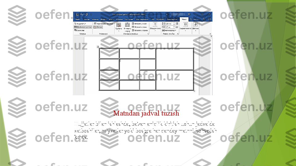 Matndan jadval tuzish
Hujjatlar bilan ishlashda ,  ba ' zan aniqlik kiritish uchun jadvalda 
xatboshilar ,  ro ' yxatlar yoki boshqa har qanday matnni ko ' rsatish 
kerak .                  