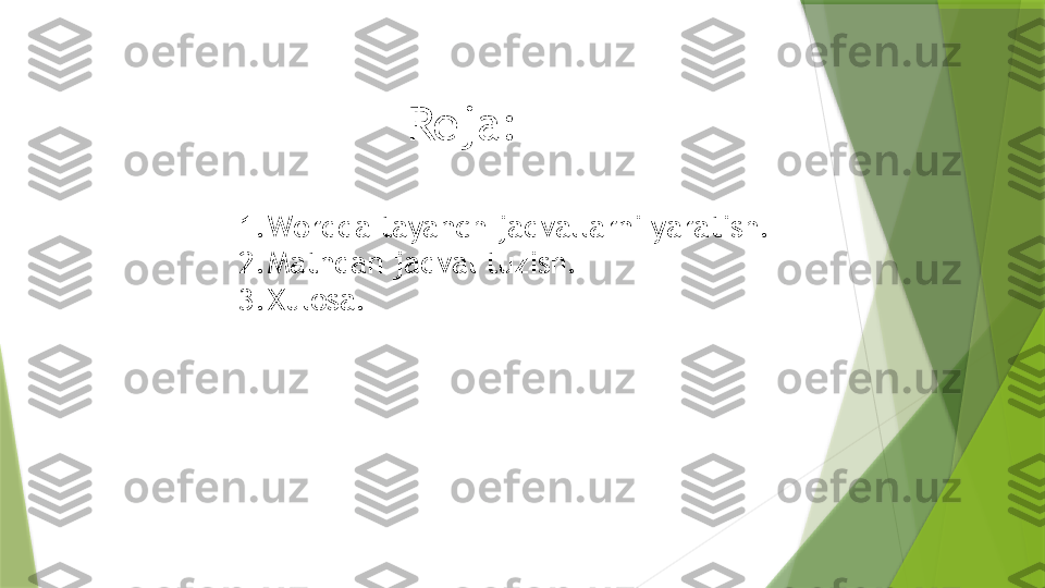 Reja:
1. Wordda tayanch jadvallarni yaratish.
2. Matndan jadval tuzish.
3. Xulosa.                 