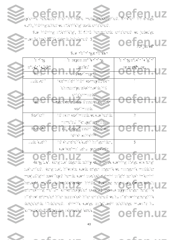 aylanma   harakatlar   bilan   bir   necha   marta   aralashtiriladi.   Shishani   bir   chetga
surib, hidning tabiati va o tkirlikligi tezda aniqlanadi.ʼ
Suv   hidining   o tkirlikligi,   20-60	
ʼ o
С   haroratlarda   aniqlanadi   vа   jadvalga
muvofiq besh ballik tizimda baholanadi [5].
2.2-jadval
Suv hidining aniqlash
Hidning
o tkirlikligi	
ʼ Hid paydo bo lishining	
ʼ
tabiati Hidning o tkirlikligini	ʼ
baholash, ball
Yo q	
ʼ Hid sezilmaypti 0
Juda zaif iste molchi hidni sezmaydi,lekin	
ʼ
laboratoriya tekshiruvida hid
aniqlanmoqda 1
Zaif agаr iste molchi diqqat qilsa, hidni	
ʼ
sezilmoqda 2
Sezilarli Hidi oson sezilmoqda vа suv haqida
noma qul fikr uyg otmoqda
ʼ ʼ 3
Sezirarli Hidi o ziga diqqatni tortadi va
ʼ
ichish xohishini 4
Juda kuchli Hidi shunchalik kuchli bo lganidan,	
ʼ
suv iste mol uсhuп yaroqsizdir	
ʼ 5
Rang tusi . Rang tusi deganda tabiiy ча ichimlik suvining o ziga xos rangi	
ʼ
tushuniladi.   Rang   tusi,   bilvosita   suvda   erigan   organik   vа   noorganik   moddalar
mavjudligini   tavsiflaydi   hamda suvni  tozalash   tizimini   to g ri   tanlash  imkonini	
ʼ ʼ
beruvchi   muhim   ko rsatkichlardan   biridir.   Suvning   rang   tusi,   (xrom-kobalt	
ʼ
eritmasining   ma lum   konsentrasiyalari   asosida)   maxsus   tayyorlangan   ranglilik	
ʼ
o lchovi eritmalari bilan taqqoslash bilan aniqlanadi va bu o lchovning ranglilik	
ʼ ʼ
darajalarida   ifodalanadi.   Ichimlik   suviga   qo yiluvchi   talablarga   muvofiq   bu	
ʼ
ko rsatkich 20 darajadan oshmasligi kerak.	
ʼ
43 