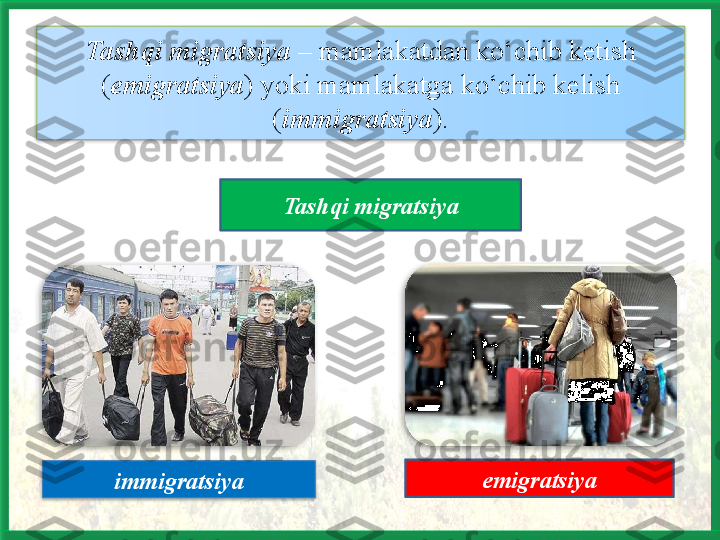 Tashqi migratsiya  – mamlakatdan ko‘chib ketish 
( emigratsiya ) yoki mamlakatga ko‘chib kelish 
( immigratsiya ).
Tashqi migratsiya
emigratsiya
immigratsiya       