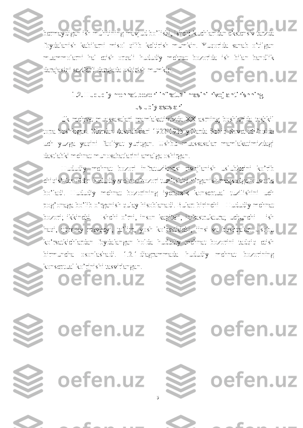 bermaydigan ish muhitining mavjud bo’lishi, ishchi kuchlaridan ekstensiv tarzda
foydalanish   kabilarni   misol   qilib   keltirish   mumkin.   Yuqorida   sanab   o’tilgan
muammolarni   hal   etish   orqali   hududiy   mehnat   bozorida   ish   bilan   bandlik
darajasini sezilarli darajada oshirish mumkin.
1.2. Hududiy mehnat bozori infratuzilmasini rivojlantirishning
uslubiy asoslari
Ilk   mehnat   muassasalari   mamlakatimizda   XX   asrning   boshlarida   tashkil
topa boshlagan.  Ulardan  dastlabklari  1922-1925 yillarda Sobiq Sovet  ittifoqida
uch   yuzga   yaqini   faoliyat   yuritgan.   Ushbu   muassasalar   mamlakatimizdagi
dastlabki mehnat munosabatlarini amalga oshirgan. 
Hududiy   mehnat   bozori   infratuzilmasi   rivojlanish   uslublarini   ko’rib
chiqishdan oldin hududiy mehnat bozori tuzilishini o’rganish maqsadga muvofiq
bo’ladi.   Hududiy   mehnat   bozorining   iyerarxik   konseptual   tuzilishini   uch
pog’onaga bo’lib o’rganish qulay hisoblanadi. Bular: birinchi – Hududiy mehnat
bozori;   ikkinchi   –   Ishchi   o’rni,   inson   kapitali,   infrastruktura;   uchunchi   –   ish
haqi,   ijtimoiy   mavqeyi,   ta’lim,   yosh   ko’rsatkichi,   jinsi   va   boshqalar.   Ushbu
ko’rsatkichlardan   foydalangan   holda   hududiy   mehnat   bozorini   tadqiq   etish
birmuncha   osonlashadi.   1.2.1-diagrammada   hududiy   mehnat   bozorining
konseptual ko’rinishi tasvirlangan.
19  
  