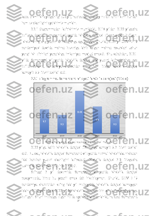 katta qismi ishlayotganligi tufayli, haqiqatda iqtisodiy nofaol aholi soni bundan
ham oz ekanligini aytishimiz mumkin. 
2.2.1-diagrammadan   ko’rishimiz   mumkinki,   2018-yildan   2022-yilgacha
bo’lgan   davrda   Samarqand   viloyatida   ishsizlik   darajasi   o’zgaruvchan   bo’lgan.
Ishsizlikning eng yuqori ko’rsatgichga ega bo’gan. Chunki, 2020-yil COVID-19
pandemiyasi   davrida   mehnat   bozoriga   kirib   kelgan   mehnat   resurslari   uchun
yangi   ish   o’rinlari   yaratishga   imkoniyat   mavjud   emasdi.   Shu   sababdan,   2020-
yilda   Samarqand   viloyatida   ishsizlik   darajasi   eng   yuqori   ko’rsatgichga   ega
bo’ldi.   Ammo,   pandemiya   sharoitidan   so’ng   1.11   foizga   ishsizlik   darajasi
kamayib 9.9 foizni tashkil etdi. 
2.2.1-diagramma.   Samarqand viloyati ishsizlik darajasi (foizda)
2018 2019 2020 2021 20229.7
9.3 11.01
9.9
9.3
Manba: Samarqand viloyati statistika boshqarmasi ma’lumoti
2022-yilga   kelib   ishsizlik   darajasi   0.6   foziga   kamayib   9.3   foizni   tashkil
etdi. Bu esa, ishsizlik darajasi Samarqand viloyatida normal ishsizlikka nisbatan
ikki   barobar   yuqori   ekanligini   ko’rsatadi.   Ishsizlik   darajasi   3-5   foizgacha
tushirilsa bu normal holat hisoblanadi.
So’nggi   3   yil   davomida   Samarqand   viloyatida   ishsizlik   darajasi
pasaymoqda,   biroq   bu   yetarli   emas   deb   hisoblayman.   Chunki,   COVID-19
pandemiya   sharoitidan   so’ng   ikki   yil   mobaynida   ishsizlik   darajasi   kamaygan
lekin,   2019-yil   bilan   2022-yilda   ishsizlik   darajasi   bir   xil   ko’rsatgichga   ega
bo’lgan.   Shuni   inobatga   olgan  holda   aytishimiz   mumkinki,  nafaqat   Samarqand
54  
  