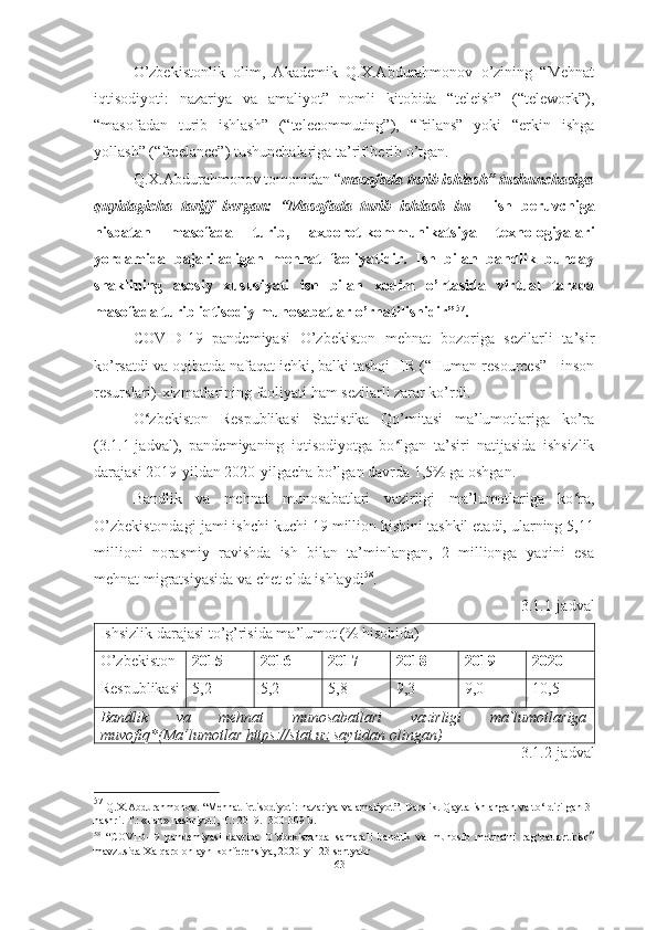 O’zbekistonlik   olim,   Akademik   Q.X.Abdurahmonov   o’zining   “Mehnat
iqtisodiyoti:   nazariya   va   amaliyot”   nomli   kitobida   “teleish”   (“telework”),
“masofadan   turib   ishlash”   (“telecommuting”),   “frilans”   yoki   “erkin   ishga
yollash” (“freelance”) tushunchalariga ta’rif berib o’tgan. 
Q.X.Abdurahmonov tomonidan “ masofada turib ishlash” tushunchasiga
quyidagicha   tariff   bergan:   “Masofada   turib   ishlash   bu   -   ish   beruvchiga
nisbatan   masofada   turib,   axborot-kommunikatsiya   texnologiyalari
yordamida   bajariladigan   mehnat   faoliyatidir.   Ish   bilan   bandlik   bunday
shaklining   asosiy   xususiyati   ish   bilan   xodim   o’rtasida   virtual   tarzda
masofada turib iqtisodiy munosabatlar   o’rnatilishidir” 57
.
COVID-19   pandemiyasi   O’zbekiston   mehnat   bozoriga   sezilarli   ta’sir
ko’rsatdi va oqibatda nafaqat ichki, balki tashqi HR (“Human resources” - inson
resurslari)-xizmatlarining faoliyati ham sezilarli zarar ko’rdi. 
O ʻ zbekiston   Respublikasi   Statistika   Qo’mitasi   ma’lumotlariga   ko’ra
(3.1.1-jadval),   pandemiyaning   iqtisodiyotga   bo ʻ lgan   ta’siri   natijasida   ishsizlik
darajasi 2019-yildan 2020-yilgacha bo’lgan davrda 1,5% ga oshgan. 
Bandlik   va   mehnat   munosabatlari   vazirligi   ma’lumotlariga   ko ʻ ra,
O’zbekistondagi jami ishchi kuchi 19 million kishini tashkil etadi, ularning 5,11
millioni   norasmiy   ravishda   ish   bilan   ta’minlangan,   2   millionga   yaqini   esa
mehnat migratsiyasida va chet elda ishlaydi 58
.  
3.1.1-jadval
Ishsizlik darajasi to’g’risida ma’lumot (% hisobida)
O’zbekiston
Respublikasi 2015 2016 2017 2018 2019 2020
5,2 5,2 5,8 9,3 9,0 10,5
Bandlik   va   mehnat   munosabatlari   vazirligi   ma`lumotlariga
muvofiq* (Ma’lumotlar  https://stat.uz  saytidan olingan)
3.1.2-jadval
57
  Q.X.Abdurahmonov. “Mehnat iqtisodiyoti: nazariya va amaliyot”. Darslik. Qayta   ishlangan   va   to‘ldirilgan   3-
nashri. Т.: «Fan» nashriyoti, Т.:   2019.- 300-309 b.
58
  “ COVID-19   pandemiyasi   davrida   O ʻ zbekistonda   samarali   bandlik   va   munosib   mehnatni   rag ʻ batlantirish ”
mavzusida Xalqaro onlayn-konferensiya, 2020-yil 23-sentyabr
63  
  