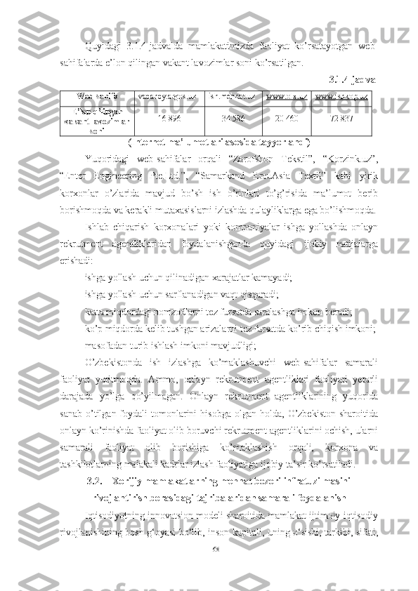 Quyidagi   3.1.4-jadvalda   mamlakatimizda   faoliyat   ko’rsatayotgan   web-
sahifalarda e’lon qilingan vakant lavozimlar soni ko’rsatilgan.
3.1.4-jadval
Web-sahifa vacancy.argos.uz ish.mehnat.uz www.olx.uz www.ishkop.uz
E’lon qilingan
vakant lavozimlar
soni 16 896 34 586 20 460 72 837
(Internet ma’lumotlari asosida tayyorlandi)
Yuqoridagi   web-sahifalar   orqali   “Zarofshon   Tekstil”,   “Korzink.uz”,
“Enter   Engineering   Pte.Ltd.”,   “Samarkand   ErouAsia   Textil”   kabi   yirik
korxonlar   o’zlarida   mavjud   bo’sh   ish   o’rinlari   to’g’risida   ma’lumot   berib
borishmoqda va kerakli mutaxasislarni izlashda qulayliklarga ega bo’lishmoqda.
Ishlab   chiqarish   korxonalari   yoki   kompaniyalar   ishga   yollashda   onlayn
rekrutment   agentliklaridan   foydalanishganda   quyidagi   ijobiy   natijalarga
erishadi:
- ishga yollash uchun qilinadigan xarajatlar kamayadi;
- ishga yollash uchun sarflanadigan vaqt qisqaradi;
- katta miqdordagi nomzodlarni tez fursatda saralashga imkon beradi;
- ko’p miqdorda kelib tushgan arizalarni tez fursatda ko’rib chiqish imkoni;
- masofadan turib ishlash imkoni mavjudligi;
O’zbekistonda   ish   izlashga   ko’maklashuvchi   web-sahifalar   samarali
faoliyat   yuritmoqda.   Ammo,   onlayn   rekrutment   agentliklari   faoliyati   yetarli
darajada   yo’lga   qo’yilmagan.   Onlayn   rekrutment   agentliklarining   yuqorida
sanab   o’tilgan  foydali   tomonlarini  hisobga   olgan  holda,  O’zbekiston  sharoitida
onlayn ko’rinishda faoliyat olib boruvchi rekrutment agentliklarini ochish, ularni
samarali   faoliyat   olib   borishiga   ko’maklashish   orqali,   korxona   va
tashkilotlarning malakali kadrlar izlash faoliyatiga ijobiy ta’sir ko’rsatiladi.
3.2. Xorijiy mamlakatlarning mehnat bozori infratuzilmasini
rivojlantirish borasidagi tajribalaridan samarali foydalanish
Iqtisodiyotning innovatsion modeli sharoitida mamlakat ijtimoiy-iqtisodiy
rivojlanishining bosh g‘oyasi bo‘lib, inson kapitali, uning o‘sishi, tarkibi, sifati,
68  
  