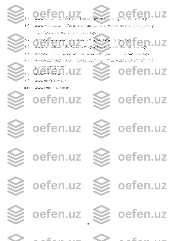 8.3 www.stаt.uz – О’zbekistоn Respublikаsi Stаtistikа Qо’mitаsi  veb-sаyti.
8.4 www.mintrud.uz - О’zbekistоn Respublikаsi Mehnаt vа аhоlining ijtimоiy
muhоfаzа qilish vаzirligining veb-sаyti.
8.5 www.sаmаrqаnd.uz – Sаmаrqаnd vilоyаt hоkimligi veb-sаyti.
8.6 www. samstat.uz – Samarqand viloyati statistika boshqarmasi veb-sayti  
8.7 www.sammonomarkaz.uz  –  Samarqand viloyati monomarkazi veb-sayti
8.8 www.vacancy.argos.uz  –  Davlat fuqarolik xizmati vacant lavozimlarining 
yagona ochiq portal
8.9 www.mehnat.uz
8.10 www.work.kemsu.ru 
8.11 www.avenir-suisse.ch  
86  
  