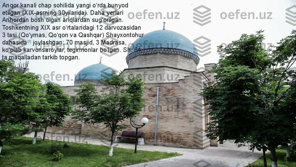 Anqor kanali chap sohilida yangi o rda bunyod ʻ
etilgan (XIX-asrning 30yilarida). Daha yerlari 
Anhordan bosh olgan ariqlardan sug orilgan. 	
ʻ
Toshkentning XIX asr o rtalaridagi 12 darvozasidan 	
ʻ
3 tasi (Qo ymas, Qo qon va Qashqar) Shayxontohur 	
ʻ ʻ
dahasida [1]
 	
joylashgan; 70 masjid, 3 Madrasa, 
ko plab karvonsaroylar, tegirmonlar bo lgan. Sh. 64 	
ʻ ʻ
ta maqalladan tarkib topgan. 