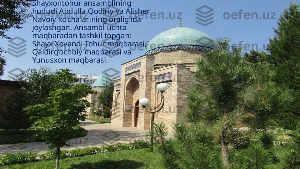 Shayxontohur ansamblining 
hududi Abdulla Qodiriy va Alisher 
Navoiy ko‘chalarining oralig‘ida 
joylashgan. Ansambl uchta 
maqbaradan tashkil topgan: 
Shayx Xovandi Tohur maqbarasi, 
Qaldirg‘ochbiy maqbarasi va 
Yunusxon maqbarasi. 