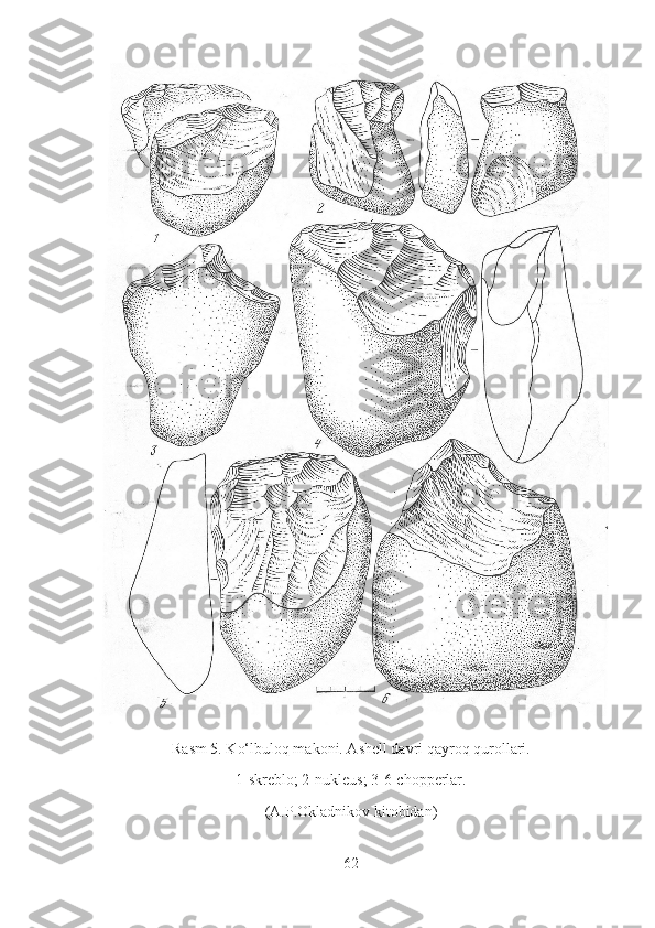 Rasm 5. Ko‘lbuloq makoni. Ashell davri qayroq qurollari.
1-skreblo; 2-nukleus; 3-6-chopperlar.
(A.P.Okladnikov kitobidan)
62 