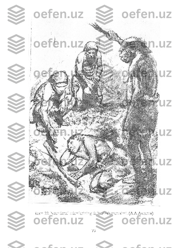 Rasm 22. Neandertal odamlarining dafn qilish marosimi.  (A.A.Asqarov)
79 