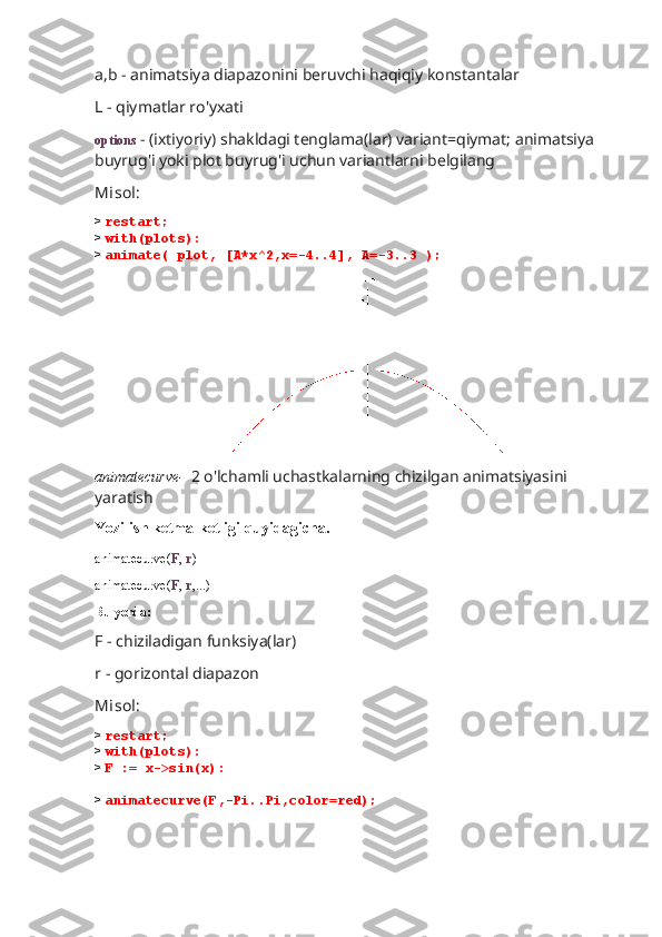 a,b - animatsiya diapazonini beruvchi haqiqiy konstantalar
L - qiymatlar ro'yxati
options  - (ixtiyoriy) shakldagi tenglama(lar) variant=qiymat; animatsiya 
buyrug'i yoki plot buyrug'i uchun variantlarni belgilang
Misol:
>  restart;
>  with(plots):
>  animate( plot, [A*x^2,x=-4..4], A=-3..3 );
                                 
animatecurve-   2 o'lchamli uchastkalarning chizilgan animatsiyasini 
yaratish
Yozilish ketma-ketligi quyidagicha.
animatecurve( F ,  r )
animatecurve( F ,  r ,...)
Bu yerda:
F - chiziladigan funksiya(lar) 
r - gorizontal diapazon
Misol:
>  restart;
>  with(plots):
>  F := x->sin(x):
>  animatecurve(F,-Pi..Pi,color=red); 