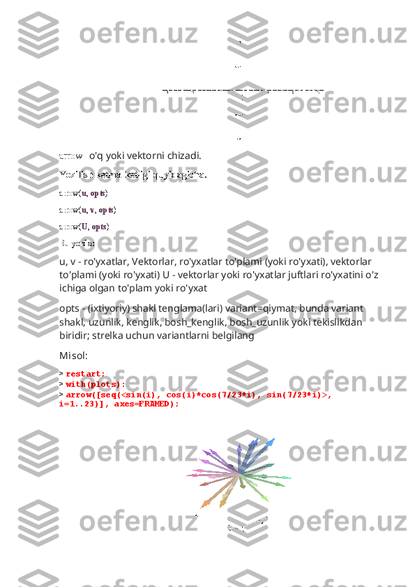                                          
arrow-   o'q yoki vektorni chizadi.
Yozilish ketma-ketligi quyidagicha.
arrow( u ,  opts )
arrow( u ,  v ,  opts )
arrow( U ,  opts )
Bu yerda:
u, v - ro'yxatlar, Vektorlar, ro'yxatlar to'plami (yoki ro'yxati), vektorlar 
to'plami (yoki ro'yxati) U - vektorlar yoki ro'yxatlar juftlari ro'yxatini o'z 
ichiga olgan to'plam yoki ro'yxat
opts - (ixtiyoriy) shakl tenglama(lari) variant=qiymat, bunda variant 
shakl, uzunlik, kenglik, bosh_kenglik, bosh_uzunlik yoki tekislikdan 
biridir; strelka uchun variantlarni belgilang
Misol:
>  restart;
>  with(plots):
>  arrow([seq(<sin(i), cos(i)*cos(7/23*i), sin(7/23*i)>, 
i=1..23)], axes=FRAMED);
                              