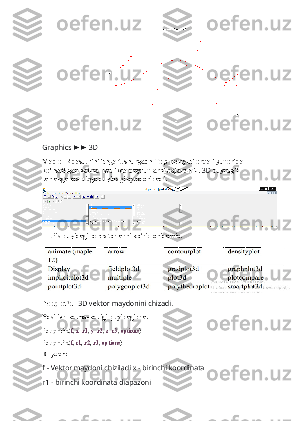                              
Graphics  ►►  3D
Maple 12 dasturini ishga tushurgach Help menyusi orqali yuqorida 
ko’rsatilgan ketma- ketlikda buyruqlarni bajaramiz.  3D  buyrug’i 
tanlanganda bizga quyidagi oyna chiqadi.
Biz quyidagi operatorlarni ko’rib chiqamiz.
fieldplot3d-   3D vektor maydonini chizadi.
Yozilish ketma-ketligi quyidagicha.
fieldplot3d( f ,  x = r1 ,  y = r2 ,  z = r3 ,  options )
fieldplot3d( f ,  r1 ,  r2 ,  r3 ,  options )
Bu yerda:
f - Vektor maydoni chiziladi x - birinchi koordinata
r1 - birinchi koordinata diapazoni 