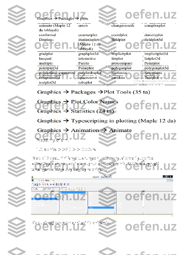 Nazariy qism.
1.Graphics ►►2D ►► Options
 Maple 12 dasturini ishga tushurgach Help menyusi orqali yuqorida 
ko’rsatilgan ketma- ketlikda buyruqlarni bajaramiz. Options buyrug’i 
tanlanganda bizga quyidagi oyna chiqadi.
Biz quyidagi operatorlarni ko’rib chiqamiz. 