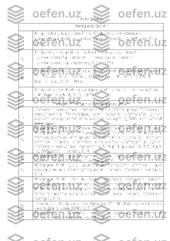 Adabiyotlar:
Asosiy adabiyotlar
1. Анцупов А.Я., Баклановский В.С. Конфликтология в схемах и 
комментариях: Учебное пособие. 2-е изд., перераб. – СПб.: Питер, 2009. –
304 с.
2. Конфликтология: учебное пособие / И.В.Брылина; Томский 
политехнический университет. − Томск: Изд-во Томского 
политехнического университета, 2011. – 133 с. 
3. Конфликтология. Социальные конфликты: учебник для студентов вузов / 
Т.Н. Кильмашкина. – 2-е изд., перераб. и доп. – М.: ЮНИТИ-ДАНА: 
Закон и право, 2012. – 287 с.
4. Конфликтология. Учебник для студентов / под ред. В.П.Ратникова.3-изд. 
– М.:ЮНИТИ-ДАНА, 2012. – 543с.
Tavsiya qilinadigan qo shimcha adabiyotlarʻ
1. O’zbekiston   Respublikasi   Prezidentining   02.02.2017   yildagi   “O’zbekiston
Respublikasining   “Korrupsiyaga   qarshi   kurashish   to’g’risida”gi   Qonuni
talablarini   amalga  oshirish  chora-tadbirlari   haqidagi”  PQ-2752-  sonli  qarori   //
www.lex.uz.
2. Mirziyoyev   Sh.M.   O’zbekiston   Respublikasi   Prezidenti   Shavkat
Mirziyoyevning “Oliy ta’lim muassasalarida ta’lim sifatini oshirish va ularning
mamlakatda amalga oshirilayotgan  keng qamrovli  islohotlarda faol  ishtirokini
ta’minlash   bo’yicha   qo’shimcha   chora-tadbirlar   to’g’risida”   gi   Qarori.
O’zbekiston   Respublikasi   Prezidentining   2018   yil   5   iyundagi   05.06.2018   y.N
PQ-3775Qarori. – Toshkent, 2018.
3. Mirziyoyev Sh.M. Buyuk kelajagimizni mard va oliyjanob xalqimiz bilan birga
quramiz. Toshkent. O’zbekiston nashriyoti, 2017.
4. Mirziyoyev   Sh.M.   Qonun   ustuvorligi   va   manfaatlarini   ta’minlash   –   yurt
taraqqiyoti   va   xalq   farovonligining   garovi.   Toshkent.   O’zbekiston   nashriyoti,
2017.
5. Mirziyoyev   Sh.M.   Erkin   va   farovon   demokratik   O’zbekiston   davlatini
birgalikda   barpo   etamiz.   Toshkent.   O’zbekiston   nashriyoti,   2017.   Mirziyoyev
Sh.M.   Tanqidiy   tahlil,   qat’iy   tartib-intizom   va   shaxsiy   javobgarlik   –   har   bir
rahbar   faoliyatining   kundalik   qoidasi   bo’lishi   kerak.   Toshkent.   O’zbekiston
nashriyoti, 2017.
6. Громова О.Н. Конфликтология. Курс лекций. – М.: Ассоциация авторов и
издателей «Тандем», ЭКМОС, 2000.
7. Дарендорф   Р.   Элементы   теории   социальных   конфликтов   //
Социологическое исследование. №5. – М.,  2000.  