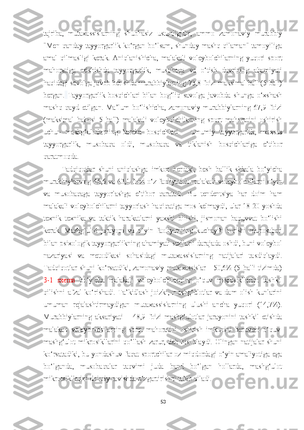 tajriba,   mutaxassislarning   shubhasiz   ustunligidir,   ammo   zamonaviy   murabbiy
"Men   qanday   tayyorgarlik   ko‘rgan   bo‘lsam,   shunday   mashq   qilaman"   tamoyiliga
amal   qilmasligi   kerak.   Aniqlanishicha,   malakali   voleybolchilarning   yuqori   sport
mahoratiga   erishishda   tayyorgarlik,   musobaqa   va   o‘tish   davrining   ahamiyati
haqidagi savolga javob berishda murabbiylarning 73,8 foizi maksimal ball (5 ball)
bergan.   Tayyorgarlik   bosqichlari   bilan   bog‘liq   savolga   javobda   shunga   o‘xshash
mashq   qayd   etilgan.   Ma’lum   bo‘lishicha,   zamonaviy   murabbiylarning   67,9   foizi
(maksimal   bahosi   5   ball)   malakali   voleybolchilarning   sport   mahoratini   oshirish
uchun   mashg‘ulotlarning   barcha   bosqichlari   –   umumiy   tayyorgarlik,   maxsus
tayyorgarlik,   musobaqa   oldi,   musobaqa   va   tiklanish   bosqichlariga   e’tibor
qaratmoqda.
Tadqiqotlar   shuni   aniqlashga   imkon   berdiki,   besh   ballik   shkala   bo‘yicha
murabbiylarning 46,6 va 40,1 foizi o‘z faoliyatida malakali voleybolchilarni o‘yin
va   musobaqaga   tayyorlashga   e’tibor   qaratadi.   Bu   tendentsiya   har   doim   ham
malakali voleybolchilarni tayyorlash haqiqatiga mos kelmaydi, ular 18-20 yoshda
texnik   texnika   va   taktik   harakatlarni   yaxshi   bilishi,   jismonan   baquvvat   bo‘lishi
kerak.   Mashg`ulot   jarayoni   va   o`yin   faoliyatining   kuchayib   borishi   munosabati
bilan psixologik tayyorgarlikning ahamiyati sezilarli darajada oshdi, buni voleybol
nazariyasi   va   metodikasi   sohasidagi   mutaxassislarning   natijalari   tasdiqlaydi.
Tadqiqotlar   shuni   ko‘rsatdiki,   zamonaviy   mutaxassislar   -   50,6%   (5   balli   tizimda)
3-1   sxema   bo‘yicha   malakali   voleybolchilarning   o‘quv   mikrosikllarini   tashkil
qilishni   afzal   ko‘rishadi.   Ta’kidlash   joizki,   mashg‘ulotlar   va   dam   olish   kunlarini
umuman   rejalashtirmaydigan   mutaxassislarning   ulushi   ancha   yuqori   (14,7%).
Murabbiylarning   aksariyati   –   48,9   foizi   mashg‘ulotlar   jarayonini   tashkil   etishda
malakali   voleybolchilarning   sport   mahoratini   oshirish   imkonini   beruvchi   o‘quv-
mashg‘ulot   mikrosikllarini   qo‘llash   zarur,   deb   hisoblaydi.   Olingan   natijalar   shuni
ko‘rsatadiki, bu yondashuv faqat sportchilar oz miqdordagi o‘yin amaliyotiga ega
bo‘lganda,   musobaqalar   taqvimi   juda   band   bo‘lgan   hollarda,   mashg‘ulot
mikrotsikllarini doimiy ravishda o‘zgartirishni talab qiladi.
53 