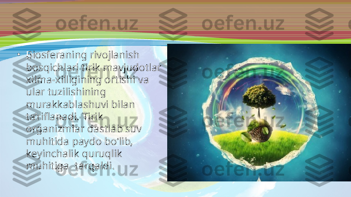 •
Biosferaning rivojlanish 
bosqichlari tirik mavjudotlar 
xilma-xilligining ortishi va 
ular tuzilishining 
murakkablashuvi bilan 
ta’riflanadi. Tirik 
organizmlar dastlab suv 
muhitida paydo bo‘lib, 
keyinchalik quruqlik 
muhitiga  tarqaldi. 