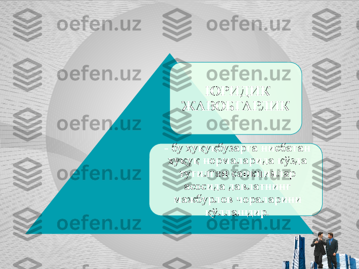 ЮРИДИК 
ЖАВОБГАРЛИК 
- бу ҳуқуқбузарга нисбатан 
ҳуқуқ нормаларида кўзда 
тутилган санкциялар 
асосида давлатнинг 
мажбурлов чораларини 
қўллашдир.   