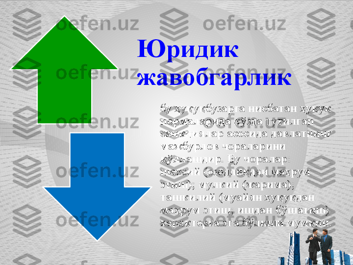 Юридик 
жавобгарлик 
бу ҳуқуқбузарга нисбатан ҳуқуқ 
нормаларида кўзда тутилган 
санкциялар асосида давлатнинг 
мажбурлов чораларини 
қўллашдир. Бу чоралар: 
шахсий (озодликдан маҳрум 
этиш); мулкий (жарима); 
ташкилий (муайян ҳуқуқдан 
маҳрум этиш; ишдан бўшатиш) 
характерга эга бўлиши мумкин. 