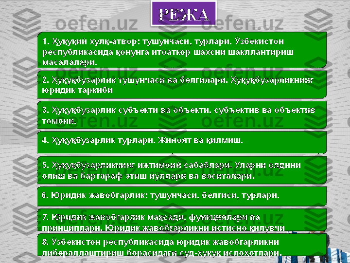 РЕЖА
1.  Ҳуқуқий хулқ-атвор: тушунчаси, турлари. Ўзбекистон         
республикасида қонунга итоаткор шахсни шакллантириш 
масалалари.
2. Ҳуқуқбузарлик тушунчаси ва белгилари. Ҳуқуқбузарликнинг 
юридик таркиби
3. Ҳуқуқбузарлик субъекти ва объекти, субъектив ва объектив 
томони. 
4. Ҳуқуқбузарлик турлари. Жиноят ва қилмиш.
5. Ҳуқуқбузарликнинг ижтимоий сабаблари. Уларни олдини 
олиш ва бартараф этиш йўллари ва воситалари.
6. Юридик жавобгарлик: тушунчаси, белгиси, турлари. 
7.  Юридик жавобгарлик мақсади, функциялари ва 
принциплари. Юридик жавобгарликни истисно қилувчи 
ҳолатлар.
8.  Ўзбекистон республикасида юридик жавобгарликни 
либераллаштириш борасидаги суд-ҳуқуқ ислоҳотлари.  