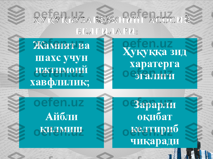 ҲУҚУҚБУЗАРЛИКНИНГ АСОСИЙ 
БЕЛГИЛАРИ:
Жамият ва 
шахс учун 
ижтимоий 
хавфлилик;  Ҳуқуққа зид 
харатерга 
эгалиги
Айбли 
қилмиш Зарарли 
оқибат 
келтириб 
чиқаради 