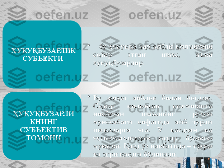 •
–  бу  ҳуқуққа  зид  айбли  қилмишни 
содир  этган  шахс,  яъни 
ҳуқуқбузардир. ҲУҚУҚБУЗАРЛИК 
СУБЪЕКТИ 
•
Бу  жиҳат  айблов  билан  боғлиқ. 
Содир  қилинган  қилмишига 
нисбатан  шахснинг  руҳий 
муносабати  сифатида  айб  турли 
шаклларга  эга.  У  қасддан  ва 
эҳтиётсизликдан  содир  бўлиши 
мумкин. Қасд ўз навбатида – тўғри 
ва эгри қасдга бўлинади.ҲУҚУҚБУЗАРЛИ
КНИНГ 
СУБЪЕКТИВ 
ТОМОНИ     