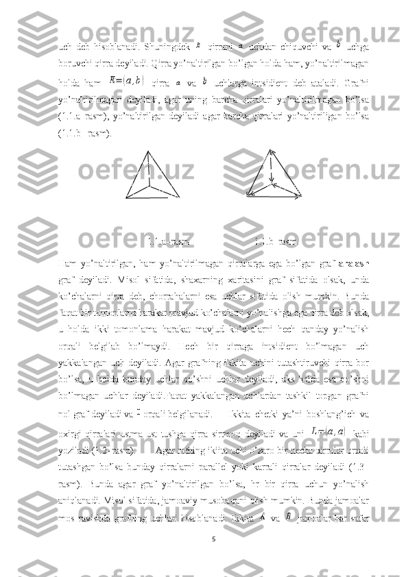 uch   deb   hisoblanadi.   Shuningdek  E   qirrani  	a   uchdan   chiquvchi   va  	b   uchga
boruvchi qirra deyiladi. Qirra yo’naltirilgan bo’lgan holda ham, yo’naltirilmagan
holda   ham  	
E=	(a,b)   qirra  	a   va  	b   uchlarga   intsidient   deb   ataladi.   Grafni
yo’naltirilmagan   deyiladi,   agar   uning   barcha   qirralari   yo’naltirilmagan   bo’lsa
(1.1.a–rasm),   yo’naltirilgan   deyiladi   agar   barcha   qirralari   yo’naltiriligan   bo’lsa
(1.1.b– rasm). 
                                     1.1.a–rasm                             1.1.b–rasm.
Ham   yo’naltirilgan,   ham   yo’naltirilmagan   qirralarga   ega   bo’lgan   graf   aralash
graf   deyiladi.   Misol   sifatida,   shaxarning   xaritasini   graf   sifatida   olsak,   unda
ko’chalarni   qirra   deb,   chorrahalarni   esa   uchlar   sifatida   olish   mumkin.   Bunda
faqat bir tomonlama harakat mavjud ko’chalarni yo’nalishga ega qirra deb olsak,
u   holda   ikki   tomonlama   harakat   mavjud   ko’chalarni   hech   qanday   yo’nalish
orqali   belgilab   bo’lmaydi.   Hech   bir   qirraga   intsidient   bo’lmagan   uch
yakkalangan   uch   deyiladi.   Agar   grafning   ikkita   uchini   tutashtiruvchi   qirra   bor
bo’lsa,   u   holda   bunday   uchlar   qo’shni   uchlar   deyiladi,   aks   holda   esa   qo’shni
bo’lmagan   uchlar   deyiladi.Faqat   yakkalangan   uchlardan   tashkil   topgan   grafni
nol graf deyiladi va 	
0 orqali belgilanadi.  Ikkita   chetki   ya’ni   boshlang’ich   va
oxirgi   qirralari   ustma-ust   tushga   qirra   sirtmoq   deyiladi   va   uni  	
L=	(a,a)   kabi
yoziladi (1.2–rasm). Agar rafning ikiita uchi o’zaro bir necha qirralar orqali
tutashgan   bo’lsa   bunday   qirralarni   parallel   yoki   karrali   qirralar   deyiladi   (1.3–
rasm).   Bunda   agar   graf   yo’naltirilgan   bo’lsa,   hr   bir   qirra   uchun   yo’nalish
aniqlanadi. Misol sifatida, jamoaviy musobaqani olish mumkin. Bunda jamoalar
mos   ravishda   grafning   uchlari   hisoblanadi.   Ikkita  	
А   va  	В   jamoalar   har   safar
5 