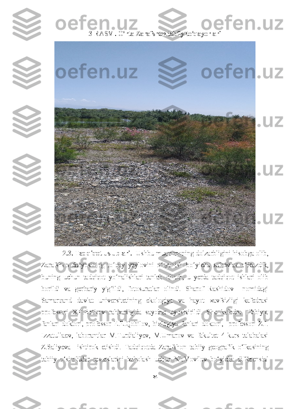 3-RASM. O‘rta Zarafshon tabiiy to‘qayorlari
                    2.3. Tadqiqot uslublari .    Ushbu muammoning dolzarbligini hisobga olib,
Zarafshon   daryosining   to qay   yaylovini   o rganish   bo yicha   so rovlar   o tkazdik,ʻ ʻ ʻ ʻ ʻ
buning   uchun   tadqiqot   yo nalishlari   tanlab   olindi,   u   yerda   tadqiqot   ishlari   olib
ʻ
borildi   va   gerbariy   yig ildi,   fotosuratlar   olindi.   Sharof   Rashidov     nomidagi	
ʻ
Samarqand   davlat   universitetining   ekologiya   va   hayot   xavfsizligi   kafedrasi
professori   X.F.Botirov   rahbarligida   sayohat   uyushtirildi.   Shu   kafedra   Tibbiyot
fanlari   doktori,   professor   E.E.Qobilov,   biologiya   fanlari   doktori,     professori   Z.I.
Izzatullaev,   laborantlar   M.Turdialiyev,   M.Umarov   va   fakultet   4-kurs   talabalasi
Z.Saliyeva     ishtirok   etishdi.   Tadqiqotda   Zarafshon   tabiiy   geografik   o‘lkasining
tabiiy   o‘ simliklar   resurslarini   baholash   uchun   N.I.Vovilov   b o‘ yicha   differensial
24 