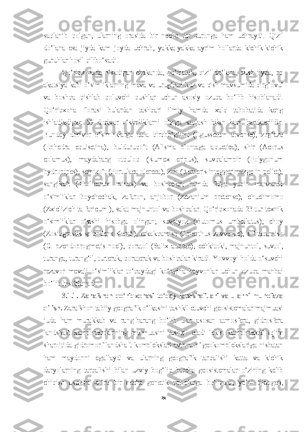 saqlanib   qolgan,   ularning   orasida   bir   necha   tup   turonga   ham   uchraydi.   Qizil
do‘lana   esa   jiyda   kam   joyda   uchrab,   yakka-yakka   ayrim   hollarda   kichik-kichik
guruhlar hosil qilibo‘sadi.
Qo‘riqxonada   o‘sadigan   chakanda,   na’matak,   qizil   do‘lana,   qush   jiyda,   oq
akatsiya kabi o‘simliklarning meva va urug‘lari kuz va qish mavsumida qirg‘ovul
va   boshqa   qishlab   qoluvchi   qushlar   uchun   asosiy   ozuqa   bo‘lib   hisoblanadi.
Qo‘riqxona   florasi   bulardan   tashqari   ilmiy   hamda   xalq   tabobatida   keng
ishlatiladigan   59   dorivor   o‘simliklarni   o‘ziga   saqlash   bilan   ham   harakterlidir.
Bunday   dorivor   o‘simliklarga   dala   qirqbo‘g‘imi   (Egussetum   arvense),   zog‘aza
(Ephedra   equisetina),   bulduruqo‘t   (Alisma   plontaga   aquetica),   shir   (Acorus
colamus),   maydabarg   otquloq   (Rumex   eripus),   suvqalampir   (Polygonum
bydropipes), semizo‘t (Portulaca olercea), zirh (Berberis integgerimazge in pellet),
sangiko‘t   (Tholictrum   minus)   va   boshqalar,   hamda   20ga   yaqin   manzarali
o‘simliklar   boychechak,   zafaron,   anjobor   (Zezanium   pretense),   chuchmomo
(Zxiclizich ta faricum ), salat majnuntol va boshqalar. Qo‘riqxonada 23 tur texnik
o‘simliklar   o‘sishi   hisobga   olingan;   suvpiyoz   (Butomus   umbellatus),   choy
(Zosiogrostis   splondens   Kanth),   erkakqamish   (Erienthus   zovvenae),   sohtaqamish
(C.   pzendoprogmetis   noel),   qoratol   (Salix   auritae),   echkitoki,   majnuntol,   suvtol,
turanga, turang‘il, turterak, qoraterak va boshqalar kiradi. Yovvoyi holda o‘suvchi
rezavor   mevali   o‘simliklar   to‘qaydagi   ko‘pgina   hayvonlar   uchun   ozuqa   manbai
bo‘lib hisoblanadi.
      3.1.1.   Zarafshon   qo‘riqxonasi   to‘qay   landshaftlari   va   ularni   muhofaza
qilish.  Zarafshon tabiiy geografik o‘lkasini tashkil etuvchi geosistemalar majmuasi
juda   ham   murakkab   va   rang-barang   bo‘lib   ular   asosan   atmosfera,   gidrosfera
landshaft   komponentlarining   majmuasini   tashkil   etadi   lekin   komponental   iqlim
sharoitida gidromorf landshaft komplekslari avtomorf geokomplekslariga nisbatan
ham   maydonni   egallaydi   va   ularning   geografik   tarqalishi   katta   va   kichik
daryolarning   tarqalishi   bilan   uzviy   bog‘liq   barcha   geosistemalar   o‘zining   kelib
chiqish   usuliga   ko‘ra   bir   necha   genetik   qatorlarga   bo‘linadi,   ya’ni   tiktogen,
28 