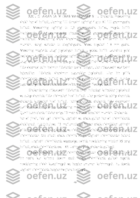 3 .3.1.   CHAKANDA   MEVASIVA   KO‘PAYISHI.   Chakanda   mevasining
shakli   har   xil   bo ladi,  ularning   100  donasini   og irligi   4   g  to   80-100   grammgachaʻ ʻ
bo ladi.   Mevasining   og irligi   to   0,3   grammagacha   bo lsa,   mayda   bo lib	
ʻ ʻ ʻ ʻ
hisoblanadi,   0,3-0,6   grammgacha   o rtacha   va   0,6   grammagacha   katta   bo lib	
ʻ ʻ
hisoblanadi.   Mevalarning   shakli   sharsimon,   ovalsimon   va   silindsimon   bo lishi	
ʻ
mumkin.   Rangi   sariqdan   to   qizg ichgacha.   Meva   poyalari   1–8   mm   gacha.	
ʻ
Mevaning   mag zida   urug   joylashgan   bo ladi   u   yakka   bo lib   uzunchoq   yoki	
ʻ ʻ ʻ ʻ
ovalsimon   bo ladi,   1000   urug ining   og irligi   12-20   gramm   va   1   grammida   55-85	
ʻ ʻ ʻ
urug  kiradi. Urug lar kungir rangda yoki qoramtir bo lishi mumkin.Chakandaning	
ʻ ʻ ʻ
ildiz sistemasi qalin ipsimon ildizlardan tashkil topgan, ular o tkazuvchi vazifasini	
ʻ
bajaradilar.   Ildizlarda   sharsimon   tugunaklar   joylashadi.   Ular   bir   yillik
o simliklarda   paydo   bo ladi   va   keyinchalik   yon   ildizlarida   joylashadi.   Bunday	
ʻ ʻ
tuganaklar yordamida chakanda atmosferadagi azotni fiksasiya qiladi.
         Chakandaning   o tkazuvchi   ildizlarida   tinch   holatdagi   ko rtaklar   joylashadi	
ʻ ʻ
va qulay sharoitda ildiz o simtalari hosil  bo ladi. Ular  yordamida tabiiy sharoitda	
ʻ ʻ
chakanda   kurtinalari   hosil   bo ladi.   Tabiiy   sharoitda   chakanda   ildiz   sistemasini	
ʻ
tuzilishiga   va   tarqalishiga   tuproqning   mexanik   tarkibi   va   namligi   ta sir   etadi.	
ʼ
Qumli tuproqlarda ildizlar eniga 12 metr radiusda tarqalishi mumkin. Chakanda –
har   xil   jinsli,   ikki   uyli   o simlik,   urg ochi   va   erkak   gullari   har   xil   o simliklarda	
ʻ ʻ ʻ
shakllanadi. F.D.Qobulova [12] ma lumotlariga binoan erkak o simliklari uchinchi	
ʼ ʻ
yilda rivojlanib, ko rtaklar kattaligi va o simliklarning balandligi bo yicha urg ochi	
ʻ ʻ ʻ ʻ
o simliklardan   farq   qiladi:   erkak   o simlik   30   sm   urg ochi   o simliklardan   baland	
ʻ ʻ ʻ ʻ
bo ladi.   Urg ochi   o simliklarda   vegetasiya   oxirida   novdalarning   miqdori   75   teng
ʻ ʻ ʻ
bo ladi, erkak o simliklarda esa – 83. Uchinchi yilda chakanda gullaydi. 
ʻ ʻ
        Erkak o simliklari urg ochi o simliklarga nisbatan oldinroq gullab, gullashi	
ʻ ʻ ʻ
bir   necha   kun   ko proq   davom   etadi.   Erkak   o simliklarda   gullash   paytida	
ʻ ʻ
novdalarning   o sish   kuzatilmaydi   va   barglar   umuman   ko rinmaydi.   Bu   davrda	
ʻ ʻ
urg ochi o simliklarda barglar rivojlana boshlaydi.	
ʻ ʻ
42 