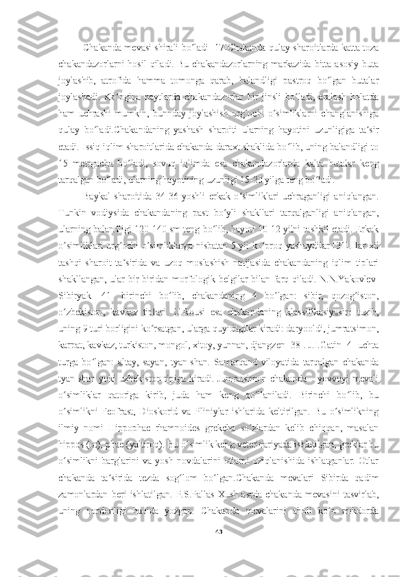 Chakanda mevasi shirali bo ladi [17]Chakanda qulay sharoitlarda katta tozaʻ
chakandazorlarni  hosil  qiladi.  Bu chakandazorlarning  markazida  bitta  asosiy   buta
joylashib,   atrofida   hamma   tomonga   qarab,   balandligi   pastroq   bo lgan   butalar	
ʻ
joylashadi.   Ko pgina   paytlarda   chakandazorlar   bir   jinsli   bo ladi,   aralash   holatda	
ʻ ʻ
ham   uchrashi   mumkin,   bunnday   joylashish   urg ochi   o simliklarni   changlanishiga	
ʻ ʻ
qulay   bo ladi.Chakandaning   yashash   sharoiti   ularning   hayotini   uzunligiga   ta sir	
ʻ ʼ
etadi. Issiq iqlim sharoitlarida chakanda daraxt shaklida bo lib, uning balandligi to	
ʻ
15   metrgacha   bo ladi,   sovuq   iqlimda   esa   chakandazorlarda   kalta   butalar   keng	
ʻ
tarqalgan bo ladi, ularning hayotining uzunligi 15-20 yilga teng bo ladi.	
ʻ ʻ
Baykal   sharoitida   34-36   yoshli   erkak   o simliklari   uchraganligi   aniqlangan.	
ʻ
Tunkin   vodiysida   chakandaning   past   bo yli   shakllari   tarqalganligi   aniqlangan,	
ʻ
ularning balandligi 120-140 sm teng bo lib, hayoti 10-12 yilni tashkil etadi. Erkak	
ʻ
o simliklari urg ochi o simliklarga nisbatan 5 yil ko proq yashaydilar [31].Har xil	
ʻ ʻ ʻ ʻ
tashqi   sharoit   ta sirida   va   uzoq   moslashish   natijasida   chakandaning   iqlim   tiplari	
ʼ
shakllangan, ular bir-biridan morfologik belgilar bilan farq qiladi. N.N.Yakovlev-
Sibiryak   [41]   birinchi   bo lib,   chakandaning   4   bo lgan:   sibir,   qozog iston,	
ʻ ʻ ʻ
o zbekiston,   kavkaz   tiplari.   U.Rousi   esa   chakandaning   klassifikasiyasini   tuzib,	
ʻ
uning 9 turi borligini ko rsatgan, ularga quyidagilar kiradi: daryooldi, jumratsimon,	
ʻ
karpat, kavkaz, turkiston, mongol, xitoy, yunnan, djangzen [38]. J.I.Gatin [4] uchta
turga   bo lgan:   altay,   sayan,   tyan-shan.   Samarqand   viloyatida   tarqalgan   chakanda	
ʻ
tyan-shan  yoki  uzbekiston tipiga kiradi. Jumratsimon chakanda – yovvoyi  mevali
o simliklar   qatoriga   kirib,   juda   ham   keng   qo llaniladi.   Birinchi   bo lib,   bu	
ʻ ʻ ʻ
o simlikni   Feofrast,   Dioskorid   va   Pliniylar   ishlarida   keltirilgan.   Bu   o simlikning
ʻ ʻ
ilmiy   nomi   Hippophae   rhamnoides   grekcha   so zlardan   kelib   chiqqan,   masalan	
ʻ
hippos (ot), phae (yaltiroq). Bu o simlik keng veterinariyada ishlatilgan, greklar bu	
ʻ
o simlikni   barglarini   va   yosh   novdalarini   otlarni   oziqlanishida   ishlatganlar.   Otlar	
ʻ
chakanda   ta sirida   tezda   sog lom   bo lgan.Chakanda   mevalari   Sibirda   qadim	
ʼ ʻ ʻ
zamonlardan   beri   ishlatilgan.   P.S.Pallas   Xush   asrda   chakanda   mevasini   tasvirlab,
uning   nordonligi   haqida   yozgan.   Chakanda   mevalarini   aholi   ko p   mikdorda	
ʻ
43 