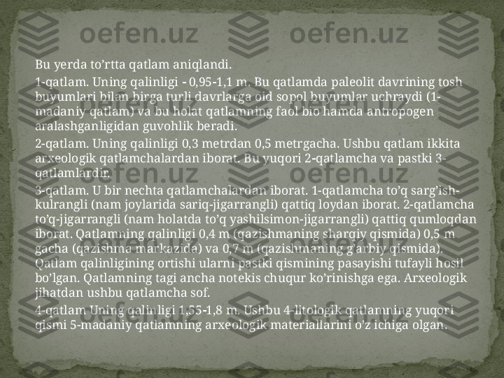 Bu yerda to’rtta qatlam aniqlandi. 
1-qatlam. Uning qalinligi    0,95  1,1 m. Bu qatlamda paleolit davrining tosh 
buyumlari bilan birga turli davrlarga oid sopol buyumlar uchraydi (1-
madaniy qatlam) va bu holat qatlamning faol bio hamda antropogen 
aralashganligidan guvohlik beradi.
2 -qatlam. Uning qalinligi  0,3  metrdan 0 ,5 me trgacha .  Ushbu qatlam ikkita 
arxeologik qatlamchalardan iborat. Bu yuqori 2  qatlamcha va pastki 3- 
qatlamlardir.
3-qatlam. U bir nechta qatlamchalardan iborat. 1-qatlamcha to’q sarg’ish-
kulrangli (nam joylarida sariq-jigarrangli) qattiq loydan iborat. 2-qatlamcha 
to’q-jigarrangli (nam holatda to’q yashilsimon-jigarrangli) qattiq qumloqdan 
iborat. Qatlamning qalinligi 0,4 m (qazishmaning sharqiy qismida) 0,5 m 
gacha (qazishma markazida) va 0,7 m (qazishmaning g’arbiy qismida). 
Qatlam qalinligining ortishi ularni pastki qismining pasayishi tufayli hosil 
bo’lgan. Qatlamning tagi ancha notekis chuqur ko’rinishga ega. Arxeologik 
jihatdan ushbu qatlamcha sof. 
4-qatlam Uning qalinligi 1,55  1,8 m. Ushbu 4-litologik qatlamning yuqori 
qismi 5-madaniy qatlamning arxeologik materiallarini o’z ichiga olgan. 