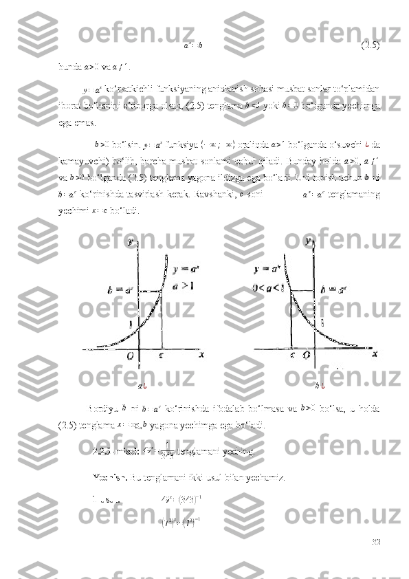 a x
= b                                                                   (2.5) 
bunda  a > 0
 va  a ≠ 1
. 
y = a x
 ko‘rsatkichli funksiyaning aniqlanish sohasi musbat sonlar to‘plamidan
iborat bo‘lishini e’tiborga olsak, (2.5) tenglama  b < 0
 yoki  b = 0
 bo‘lganda yechimga
ega emas. 
      b > 0
 bo‘lsin. y=	ax  funksiya 	(−	∞	;+∞)  oraliqda  a > 1
 bo‘lganda o‘suvchi 	¿  da
kamayuvchi) bo‘lib, barcha musbat  sonlami qabul qiladi.   Bunday holda  	
a>0 ,  	a≠1
va  b > 0
 bo‘lganda (2.5) tenglama yagona ildizga ega bo‘ladi. Uni topish uchun  b
 ni	
b=ac
  ko‘rinishda tasvirlash kerak. Ravshanki,  	c   soni                         
a x
= a c
  tenglamaning
yechimi  x = c
 bo‘ladi. 
                       	
a¿                                                                       	b¿
  Bordiyu  	
b   ni  
b = a c
  ko‘rinishda   ifodalab   bo‘lmasa   va  	b>0   bo‘lsa,   u   holda
(2.5) tenglama  x = log
a b
 yagona yechimga ega bo‘ladi. 
    2.2.1-misol:   49 x
= 1
343  tenglamani yeching. 
    Yechish.  Bu tenglamani ikki usul bilan yechamiz. 
    1-usul.                  	
49	x=	(343	)−1
                                 	
(72)x=(73)−1  
32 