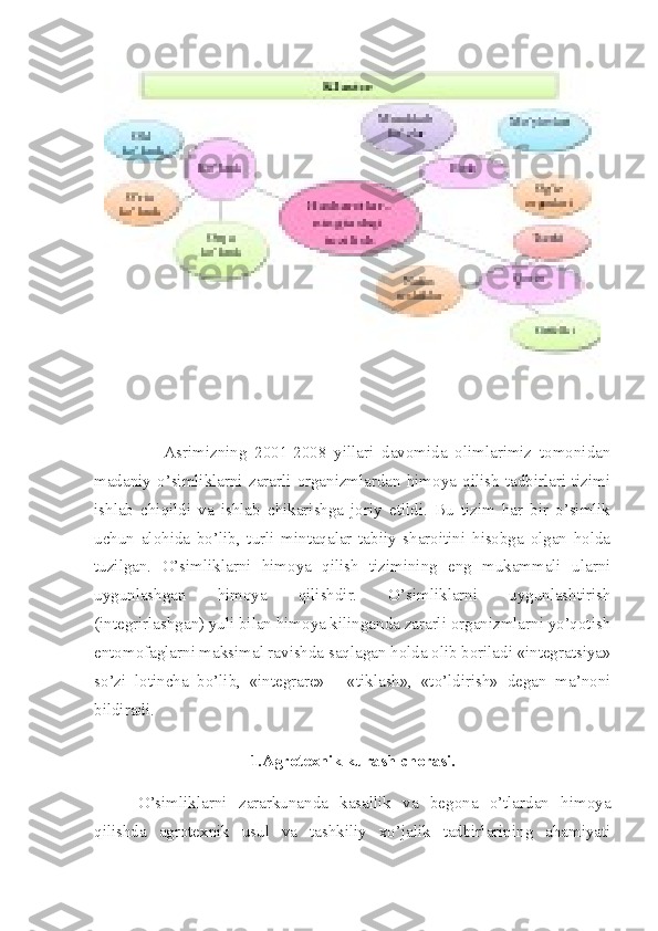                   Asrimizning   2001-2008   yillari   davomida   olimlarimiz   tomonidan
madaniy   o’simliklarni   zararli   organizmlardan   himoya   qilish   tadbirlari   tizimi
ishlab   chiqildi   va   ishlab   chikarishga   joriy   etildi.   Bu   tizim   har   bir   o’simlik
uchun   alohida   bo’lib,   turli   mintaqalar   tabiiy   sharoitini   hisobga   olgan   holda
tuzilgan.   O’simliklarni   himoya   qilish   tizimining   eng   mukammali   ularni
uygunlashgan   himoya   qilishdir.   O’simliklarni   uygunlashtirish
(integrirlashgan) yuli bilan himoya kilinganda zararli organizmlarni yo’qotish
entomofaglarni maksimal ravishda saqlagan holda olib boriladi «integratsiya»
so’zi   lotincha   bo’lib,   «integrare»   -   «tiklash»,   «to’ldirish»   degan   ma’noni
bildiradi. 
       
1. Agrotexnik kurash chorasi. 
O’simliklarni   zararkunanda   kasallik   va   begona   o’tlardan   himoya
qilishda   agrotexnik   usul   va   tashkiliy   xo’jalik   tadbirlarining   ahamiyati 