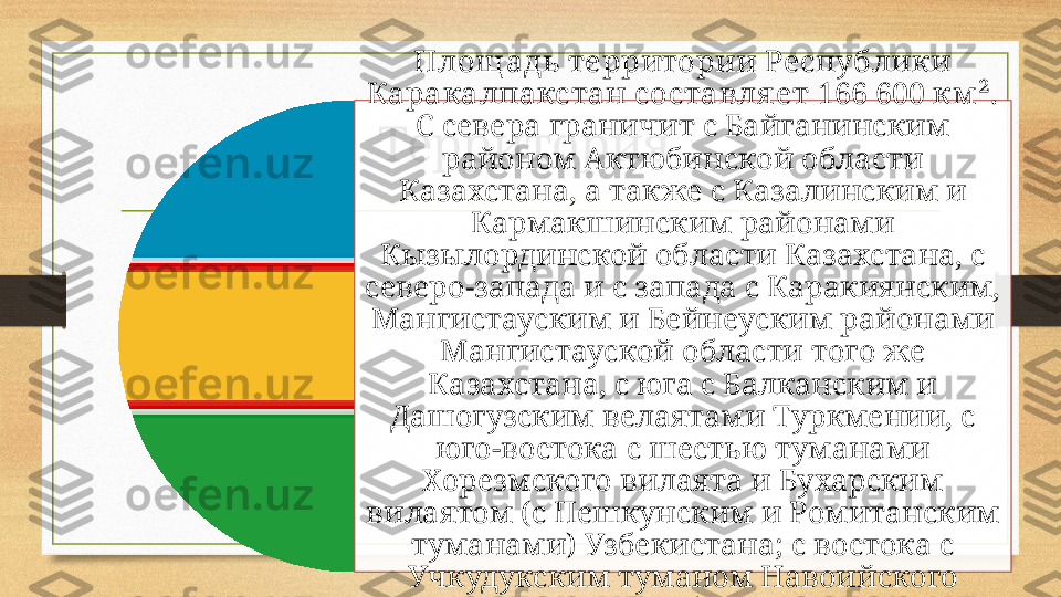 Территория  Площ адь территории Республики 
Каракалпакстан составля ет 166 600 км ². 
С севера граничит с Байганинским 
районом Актюбинской области 
Казахстана, а также с Казалинским и 
Кармакшинским районами 
Кызылординской области Казахстана, с 
северо-запада и с запада с Каракиянским, 
Мангистауским и Бейнеуским районами 
Мангистауской области того же 
Казахстана, с юга с Балканским и 
Дашогузским велаятами Туркмении, с 
юго-востока с шестью туманами 
Хорезмского вилаята и Бухарским 
вилаятом (с Пешкунским и Ромитанским 
туманами) Узбекистана; с востока с 
Учкудукским туманом Навоийского 
вилаята Узбекистана.  