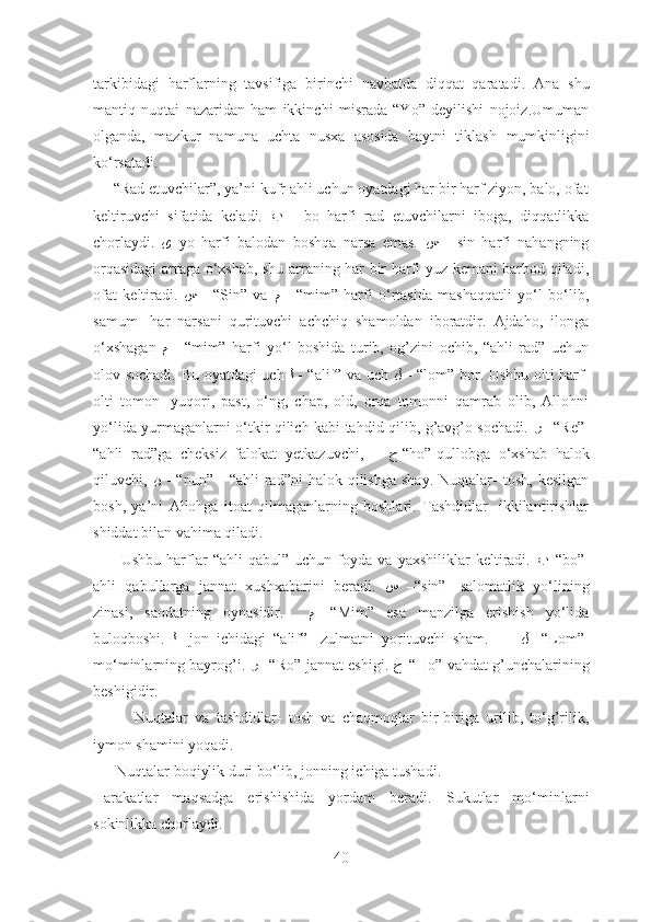 tarkibidagi   harflarning   tavsifiga   birinchi   navbatda   diqqat   qaratadi.   Ana   shu
mantiq   nuqtai   nazaridan   ham   ikkinchi   misrada   “Yo”   deyilishi   nojoiz.Umuman
olganda,   mazkur   namuna   uchta   nusxa   asosida   baytni   tiklash   mumkinligini
ko‘rsatadi.  
     “Rad etuvchilar”, ya’ni kufr ahli uchun oyatdagi har bir harf ziyon, balo, ofat
keltiruvchi   sifatida   keladi.   ﺐ   -   bo   harfi   rad   etuvchilarni   iboga,   diqqatlikka
chorlaydi.   ﻯ – yo   harfi   balodan   boshqa   narsa   emas.   ﺲ   -   sin   harfi   nahangning
orqasidagi  arraga o‘xshab, shu arraning har bir harfi yuz kemani barbod qiladi,
ofat   keltiradi.   ﺲ   -   “Sin”   va   ﻢ   -   “mim”   harfi   o‘rtasida   mashaqqatli   yo‘l   bo‘lib,
samum-   har   narsani   qurituvchi   achchiq   shamoldan   iboratdir.   Ajdaho,   ilonga
o‘xshagan   ﻢ   -   “mim”   harfi   yo‘l   boshida   turib,   og’zini   ochib,   “ahli   rad”   uchun
olov sochadi. Bu oyatdagi uch   ﻟ   - “alif” va uch   ﻞ   - “lom” bor. Ushbu olti harf-
olti   tomon-   yuqori,   past,   o‘ng,   chap,   old,   orqa   tomonni   qamrab   olib,   Allohni
yo‘lida yurmaganlarni o‘tkir qilich kabi tahdid qilib, g’avg’o sochadi.   ر   –“ Re”-
“ahli   rad”ga   cheksiz   falokat   yetkazuvchi,       ﺡ -“ho”-qullobga   o‘xshab   halok
qiluvchi,   ﻦ   -  “nun”-    “ahli  rad”ni  halok  qilishga   shay.  Nuqtalar-   tosh,  kesilgan
bosh,   ya’ni   Allohga   itoat   qilmaganlarning   boshlari.   Tashdidlar-   ikkilantirishlar
shiddat bilan vahima qiladi. 
          Ushbu   harflar   “ahli   qabul”   uchun   foyda   va   yaxshiliklar   keltiradi.   ﺐ –“ bo”-
ahli   qabullarga   jannat   xushxabarini   beradi.   ﺲ   –“ sin”-   salomatlik   yo‘lining
zinasi,   saodatning   oynasidir.     ﻢ   -“Mim”   esa   manzilga   erishish   yo‘lida
buloqboshi.   ﻟ   -jon   ichidagi   “alif”-   zulmatni   yorituvchi   sham.         ﻝ   -“Lom”-
mo‘minlarning bayrog’i.  ر  –“ Ro”-jannat eshigi.   ﺡ –“ Ho”-vahdat g’unchalarining
beshigidir.
            Nuqtalar   va   tashdidlar-   tosh   va   chaqmoqlar   bir-biriga   urilib,   to‘g’rilik,
iymon shamini yoqadi.
      Nuqtalar boqiylik duri bo‘lib, jonning ichiga tushadi.
Harakatlar   maqsadga   erishishida   yordam   beradi.   Sukutlar   mo‘minlarni
sokinlikka chorlaydi.
40 