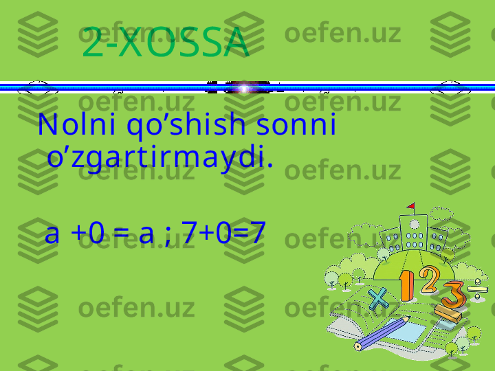 2-X OSSA
Nolni qo’shish sonni 
o’zgart irmay di.
  a +0 = a ; 7+0=7   