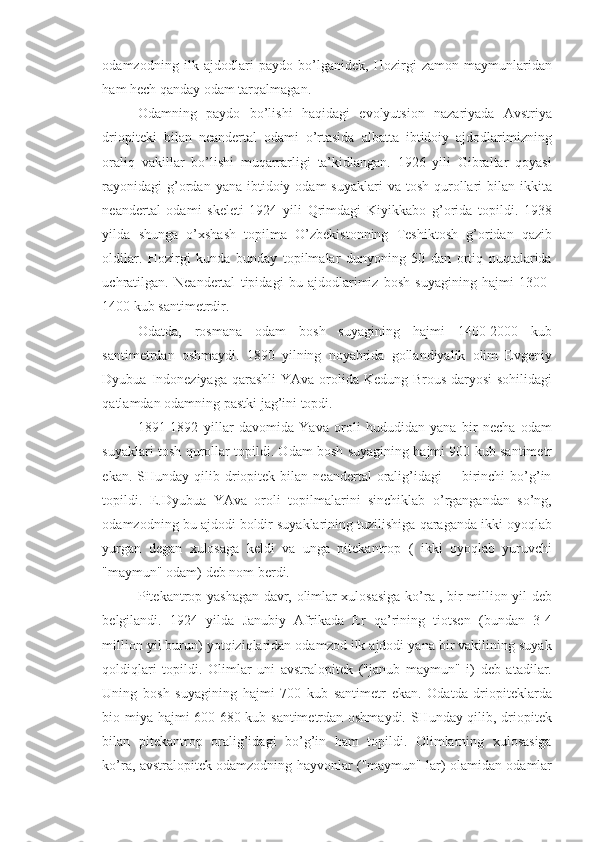 odamzodning   ilk   ajdodlari   paydo   bo’lganidek,   Hozirgi   zamon   maymunlaridan
ham hech qanday odam tarqalmagan. 
Odamning   paydo   bo’lishi   haqidagi   evolyutsion   nazariyada   Avstriya
driopiteki   bilan   neandertal   odami   o’rtasida   albatta   ibtidoiy   ajdodlarimizning
oraliq   vakillar   bo’lishi   muqarrarligi   ta’kidlangan.   1926   yili   Gibraltar   qoyasi
rayonidagi  g’ordan  yana  ibtidoiy  odam  suyaklari  va  tosh  qurollari  bilan  ikkita
neandertal   odami   skeleti   1924   yili   Qrimdagi   Kiyikkabo   g’orida   topildi.   1938
yilda   shunga   o’xshash   topilma   O’zbekistonning   Teshiktosh   g’oridan   qazib
oldilar.   Hozirgi   kunda   bunday   topilmalar   dunyoning   50   dan   ortiq   nuqtalarida
uchratilgan.   Neandertal   tipidagi   bu   ajdodlarimiz   bosh   suyagining   hajmi   1300-
1400 kub santimetrdir. 
Odatda,   rosmana   odam   bosh   suyagining   hajmi   1400-2000   kub
santimetrdan   oshmaydi.   1890   yilning   noyabrida   gollandiyalik   olim   Evgeniy
Dyubua Indoneziyaga qarashli  YAva orolida Kedung-Brous daryosi  sohilidagi
qatlamdan odamning pastki jag’ini topdi. 
1891-1892   yillar   davomida   Yava   oroli   hududidan   yana   bir   necha   odam
suyaklari tosh qurollar topildi. Odam bosh suyagining hajmi 900 kub santimetr
ekan.  SHunday  qilib  driopitek  bilan  neandertal   oralig’idagi         birinchi  bo’g’in
topildi.   E.Dyubua   YAva   oroli   topilmalarini   sinchiklab   o’rgangandan   so’ng,
odamzodning bu ajdodi boldir suyaklarining tuzilishiga qaraganda ikki oyoqlab
yurgan   degan   xulosaga   keldi   va   unga   pitekantrop   (   ikki   oyoqlab   yuruvchi
"maymun" odam) deb nom berdi. 
Pitekantrop yashagan davr, olimlar xulosasiga ko’ra , bir million yil deb
belgilandi.   1924   yilda   Janubiy   Afrikada   Er   qa’rining   tiotsen   (bundan   3-4
million yil burun) yotqiziqlaridan odamzod ilk ajdodi yana bir vakilining suyak
qoldiqlari   topildi.   Olimlar   uni   avstralopitek   ("janub   maymun"   i)   deb   atadilar.
Uning   bosh   suyagining   hajmi   700   kub   santimetr   ekan.   Odatda   driopiteklarda
bio miya hajmi 600-680 kub santimetrdan oshmaydi. SHunday qilib, driopitek
bilan   pitekantrop   oralig’idagi   bo’g’in   ham   topildi.   Olimlarning   xulosasiga
ko’ra, avstralopitek odamzodning hayvonlar ("maymun" lar) olamidan odamlar 