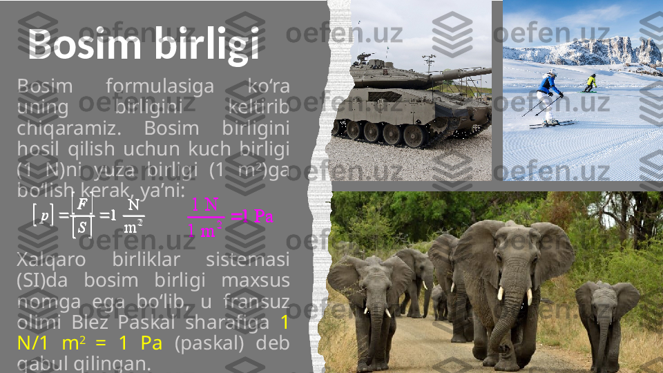 Bosim birligi
Bosim  formulasiga  ko‘ra 
uning  birligini  keltirib 
chiqaramiz.  Bosim  birligini 
hosil  qilish  uchun  kuch  birligi 
(1  N)ni  yuza  birligi  (1  m 2
)ga 
bo‘lish kerak, ya’ni: 		
		
	
2N
1 
mF
p
S 
Xalqaro  birliklar  sistemasi 
(SI)da  bosim  birligi  maxsus 
nomga  ega  bo‘lib,  u  fransuz 
olimi  Blez  Paskal  sharafiga  1 
N/1  m 2 
=  1  Pa  (paskal)  deb 
qabul qilingan. 2	
1 N	
1 Pa	
1 m	
			
		
		
2	
N	
1 	
m	
F	
p	
S	
 2	
1 N	
1 Pa	
1 m	
 8 Образец текста нижнего колонтитула  