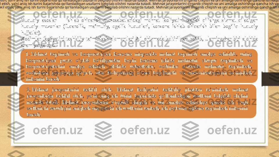 Huquqiy  asoslar  —  ishlab  chiqarish  munosabatlaridagi  mehnat  faoliyatini  tashkil  qilishga  xizmat  qiladigan 
huquqiy  mezonlar  (fuqarolik,  ma’muriy,  egalik  huquqlari,  korxona  ishlab  chiqarish  bilan  bog‘liq  huquqiy 
hujjatlar).
Xodimlar  faoliyatini  tashkiliy  ta’minlash  elementlari  2.1-chizmada  keltirilgan  bo‘lib,  ularning  har  biri  alohida 
ahamiyatga ega.
1. Mehnat  taqsimoti  va  kooperatsiyasi.	 Korxona  miqyosida  mehnat  taqsimoti  amalga  oshirilib,  uning 
kooperatsiyasi  puxta  o‘ylab  ko‘rilgandan  keyin  korxona  ichida  mehnatni  chuqur  taqsimlash  va 
kooperatsiyalashni  amalga  oshirish	
 – alohida  uchastkalar,  xodimlar  o‘rtasida  mehnatni  taqsimlash, 
xodimlarni  joy-joyiga  qo‘yish,  ular  faoliyatining  o‘zaro  bog‘lanishi  va  sinxronizatsiyasini  ta’minlash 
imkonini beradi.
2. Mehnat jarayonlarini tashkil etish. Mehnat faoliyatini tashkiliy jihatdan ta’minlash mehnat jarayonlarini tashkil etish, ya’ni aniq ish turini bajarishda qo‘llaniladigan usullarni belgilab olishni nazarda tutadi. Mehnat jarayonlarini o‘rganib chiqish va uni amalga oshirishga qancha ish vaqti sarflanishi zarurligini aniqlash eng yaxshi ish usullarini tanlash, ish joylarini oqilona taqsimlash imkonini beradi.  
2. Mehnat jarayonlarini tashkil etish. Mehnat faoliyatini tashkiliy jihatdan ta’minlash mehnat jarayonlarini tashkil etish, ya’ni aniq ish turini bajarishda qo‘llaniladigan usullarni belgilab olishni nazarda tutadi. Mehnat jarayonlarini o‘rganib chiqish va uni amalga oshirishga qancha ish vaqti sarflanishi zarurligini aniqlash eng yaxshi ish usullarini tanlash, ish joylarini oqilona taqsimlash imkonini beradi.  
2. Mehnat jarayonlarini tashkil etish. Mehnat faoliyatini tashkiliy jihatdan ta’minlash mehnat jarayonlarini tashkil etish, ya’ni aniq ish turini bajarishda qo‘llaniladigan usullarni belgilab olishni nazarda tutadi. Mehnat jarayonlarini o‘rganib chiqish va uni amalga oshirishga qancha ish vaqti sarflanishi zarurligini aniqlash eng yaxshi ish usullarini tanlash, ish joylarini oqilona taqsimlash imkonini beradi.  
2.	
 Mehnat  jarayonlarini  tashkil  etish.  Mehnat  faoliyatini  tashkiliy  jihatdan  ta’minlash  mehnat 
jarayonlarini  tashkil  etish,  ya’ni  aniq  ish  turini  bajarishda  qo‘llaniladigan  usullarni  belgilab  olishni 
nazarda  tutadi.  Mehnat  jarayonlarini  o‘rganib  chiqish  va  uni  amalga  oshirishga  qancha  ish  vaqti 
sarflanishi zarurligini aniqlash eng yaxshi ish usullarini tanlash, ish joylarini oqilona taqsimlash imkonini 
beradi. 