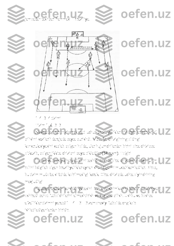 jamoadan tashqari hammasi - Braziliya.
1+4+2+4 tizimi
Tizim 1+4+3+3
Navbatdagi jahon chempionati uchun braziliyaliklar o‘z o‘yinlarini tashkil 
qilishni sezilarli darajada qayta qurishdi. Mudofaa chizig'ining oldingi 
konstruktsiyasini saqlab qolgan holda, ular hujumchilardan birini o'rta chiziqqa 
o'tkazib, qolgan ikkita chiziqni qayta tikladilar (58-rasm). To'g'ri
Hujum va himoya harakatlarini tashkil etishda o'rta chiziqning eng muhim 
rolini belgilab olgan braziliyaliklar aynan shu bo'g'inni mustahkamladilar. Biroq, 
bu tizim mudofaa sifatida ko'rilmasligi kerak. O'rta chiziqda uchta o'yinchining 
mavjudligi
hujumga ulardan kamida ikkitasini faol kiritish imkonini beradi. Imkoniyatni
oshiradi qanot futbolchilarini almashtirish va sug'urta qilish. Ushbu va boshqa 
afzalliklar tizimni yaratdi1 + 4 + 3 + 3 zamonaviy futbolda eng ko'p 
ishlatiladiganlardan biridir. 