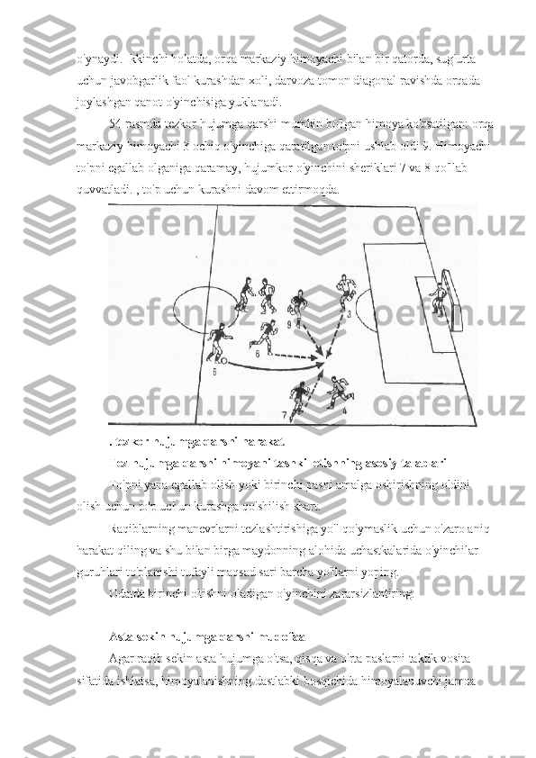 o'ynaydi. Ikkinchi holatda, orqa markaziy himoyachi bilan bir qatorda, sug'urta 
uchun javobgarlik faol kurashdan xoli, darvoza tomon diagonal ravishda orqada 
joylashgan qanot o'yinchisiga yuklanadi.
54-rasmda tezkor hujumga qarshi mumkin bo'lgan himoya ko'rsatilgan: orqa 
markaziy himoyachi 3 ochiq o'yinchiga qaratilgan to'pni ushlab oldi 9. Himoyachi 
to'pni egallab olganiga qaramay, hujumkor o'yinchini sheriklari 7 va 8 qo'llab-
quvvatladi. , to'p uchun kurashni davom ettirmoqda.
. tezkor hujumga qarshi harakat
Tez hujumga qarshi himoyani tashkil etishning asosiy talablari
To'pni yana egallab olish yoki birinchi pasni amalga oshirishning oldini 
olish uchun to'p uchun kurashga qo'shilish shart.
Raqiblarning manevrlarni tezlashtirishiga yo'l qo'ymaslik uchun o'zaro aniq 
harakat qiling va shu bilan birga maydonning alohida uchastkalarida o'yinchilar 
guruhlari to'planishi tufayli maqsad sari barcha yo'llarni yoping.
Odatda birinchi o'tishni oladigan o'yinchini zararsizlantiring.
Asta-sekin hujumga qarshi mudofaa
Agar raqib sekin-asta hujumga o'tsa, qisqa va o'rta paslarni taktik vosita 
sifatida ishlatsa, himoyalanishning dastlabki bosqichida himoyalanuvchi jamoa  